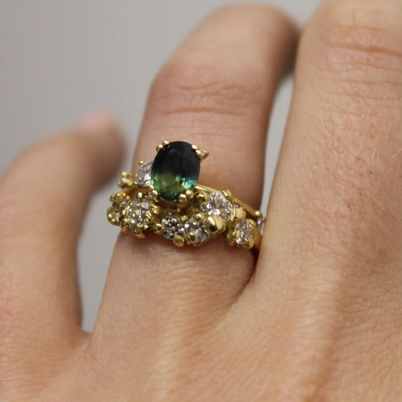 Gold Wedding Ring with Diamonds created to fit around Sapphire Engagement Ring