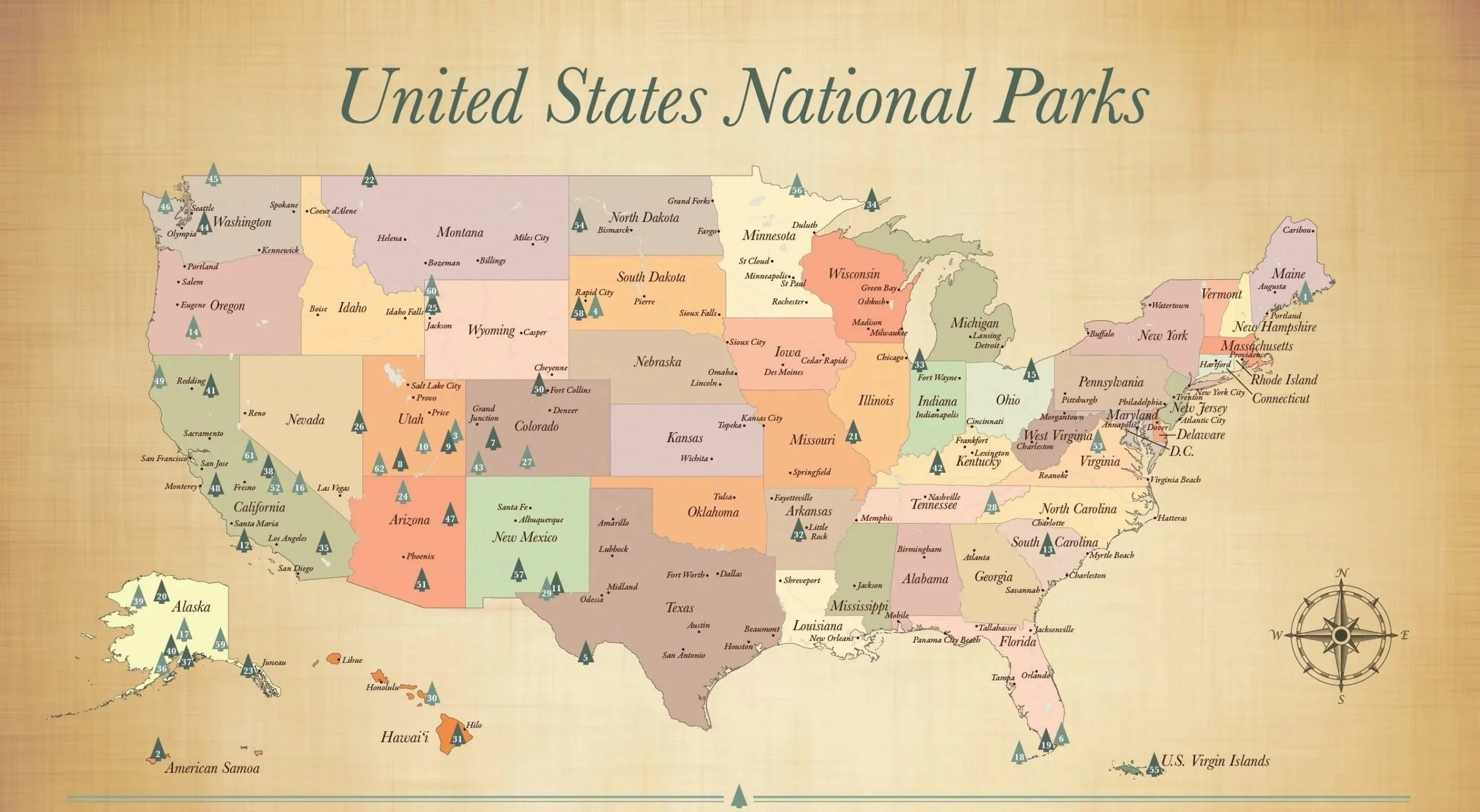 Colorful map of the United States highlighting each state with its national parks and a numbered location marker. Includes labels for Alaska, Hawaii, and U.S. Virgin Islands.