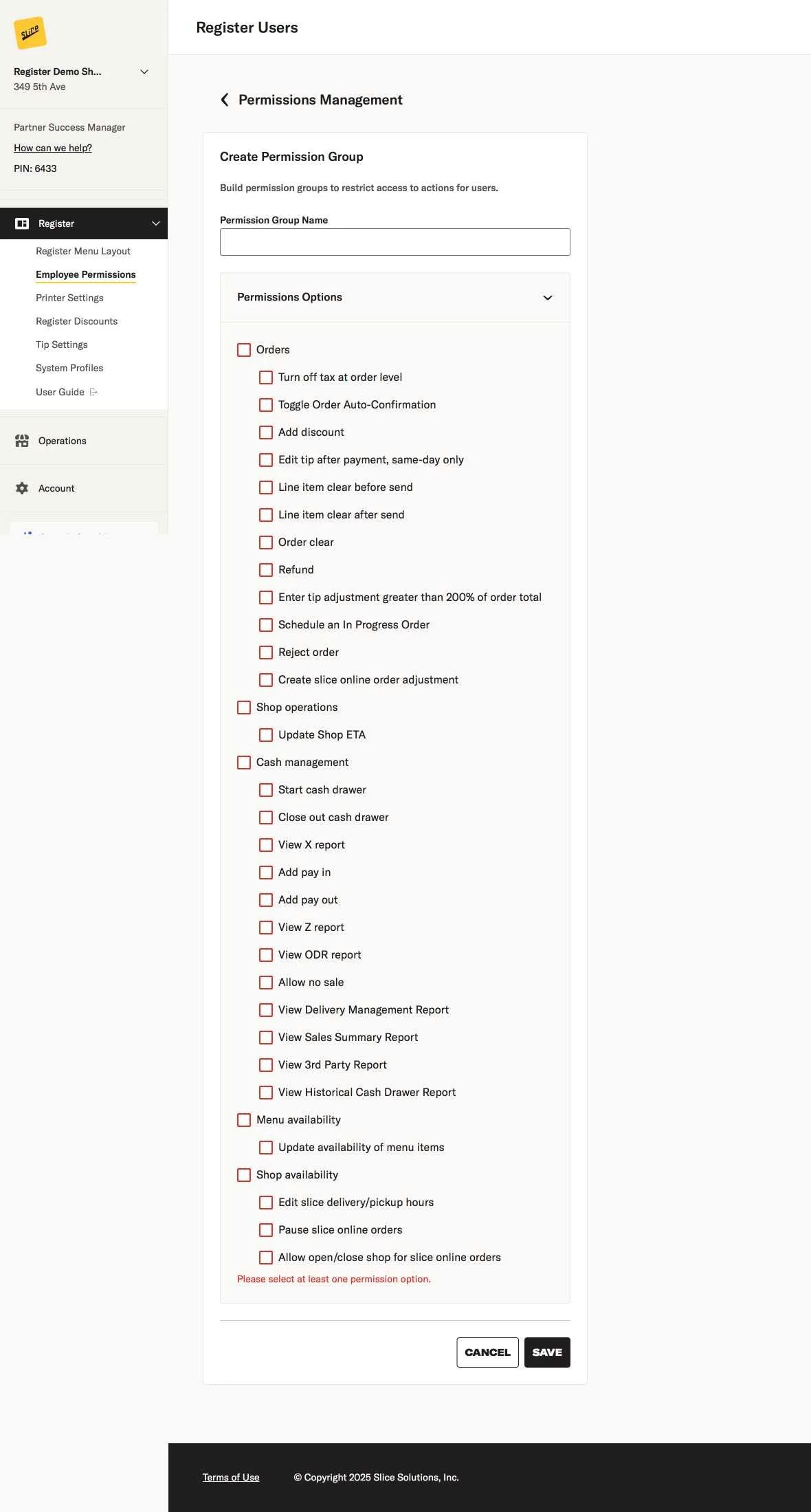 Screen+Shot+ +Slice Owner%E2%80%99s+Portal Register Employee+Permissions Register+Permissions Create+Permission+Group