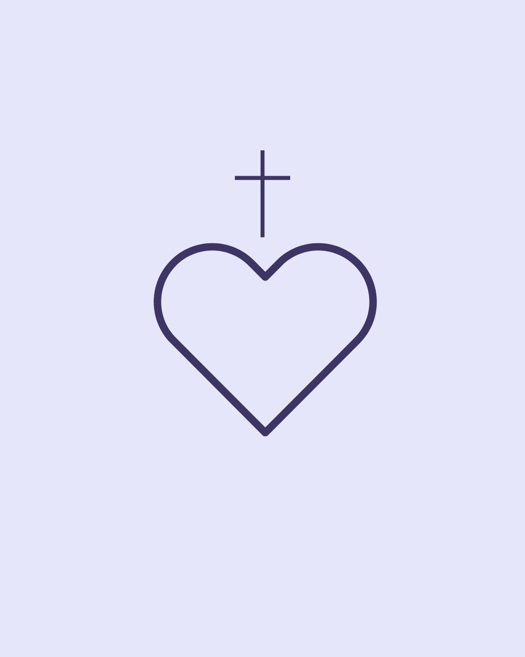 A simple line drawing of a heart with a cross above it on a light purple background.