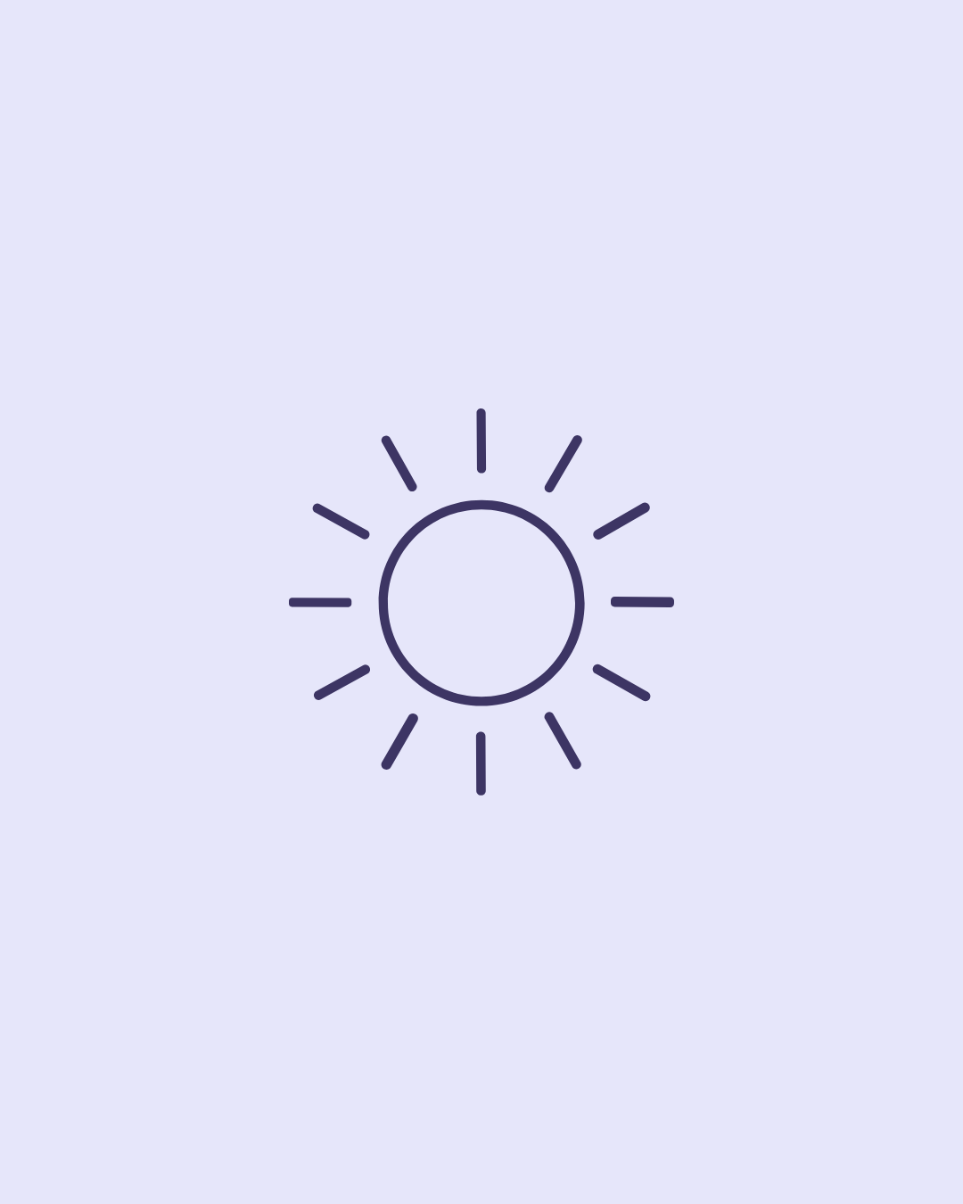 Simple line drawing of a sun with rays on a light purple background.
