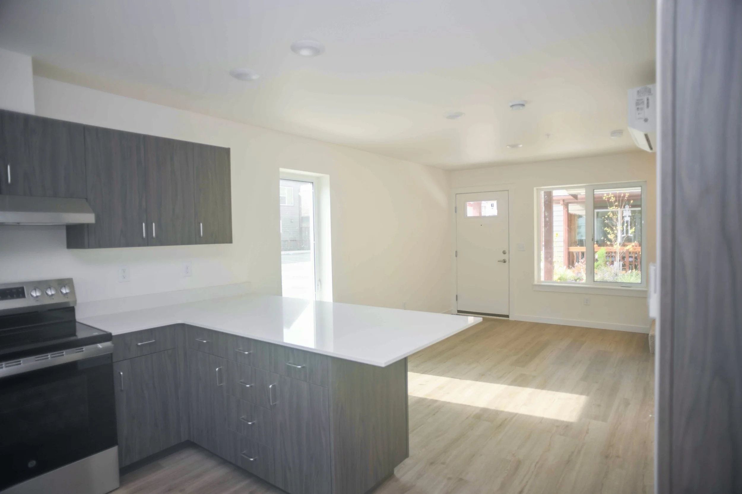 Interior view of Telegraph Townhomes 1D kitchen entry way and living room.