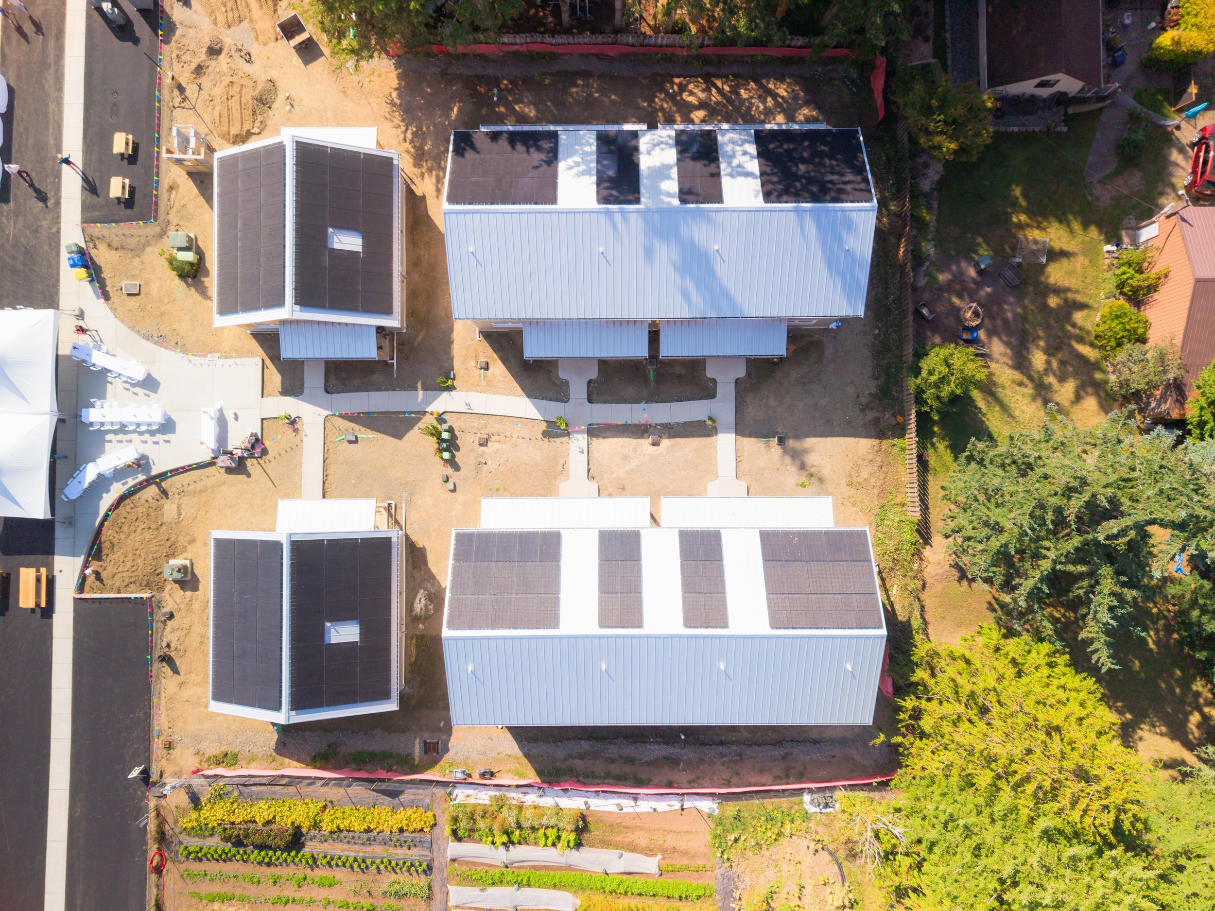 Top-down ariel of KCLT's LaFreniere Court development's western half of homes (eight townhomes and two ADA single family homes).