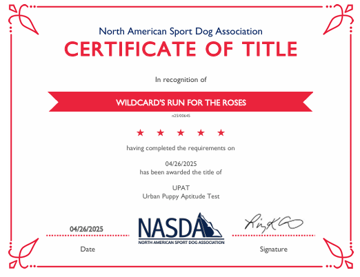 NASDA certificate awarding "Wildcard's Run for the Roses" the UPAT title on April 26th, 2025