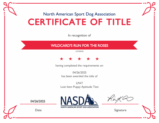 NASDA certificate awarding "Wildcard's Run for the Roses" the LPAT title on April 26th, 2025