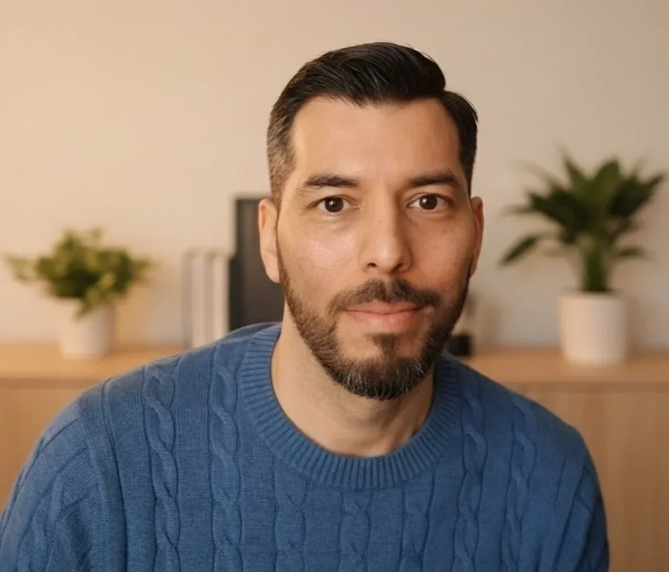 A man with short dark hair, a beard, and a blue cable-knit sweater sitting indoors with two potted plants in the background.