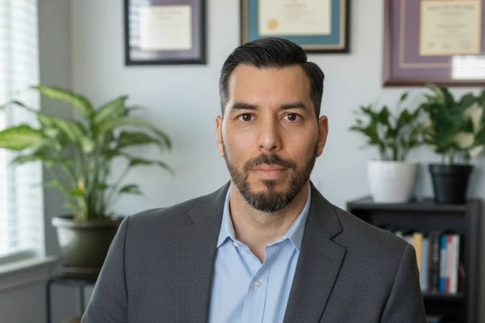 David A. Gonzalez Board Certified Hypnotherapist in his Corona Ca office with degrees and certifications