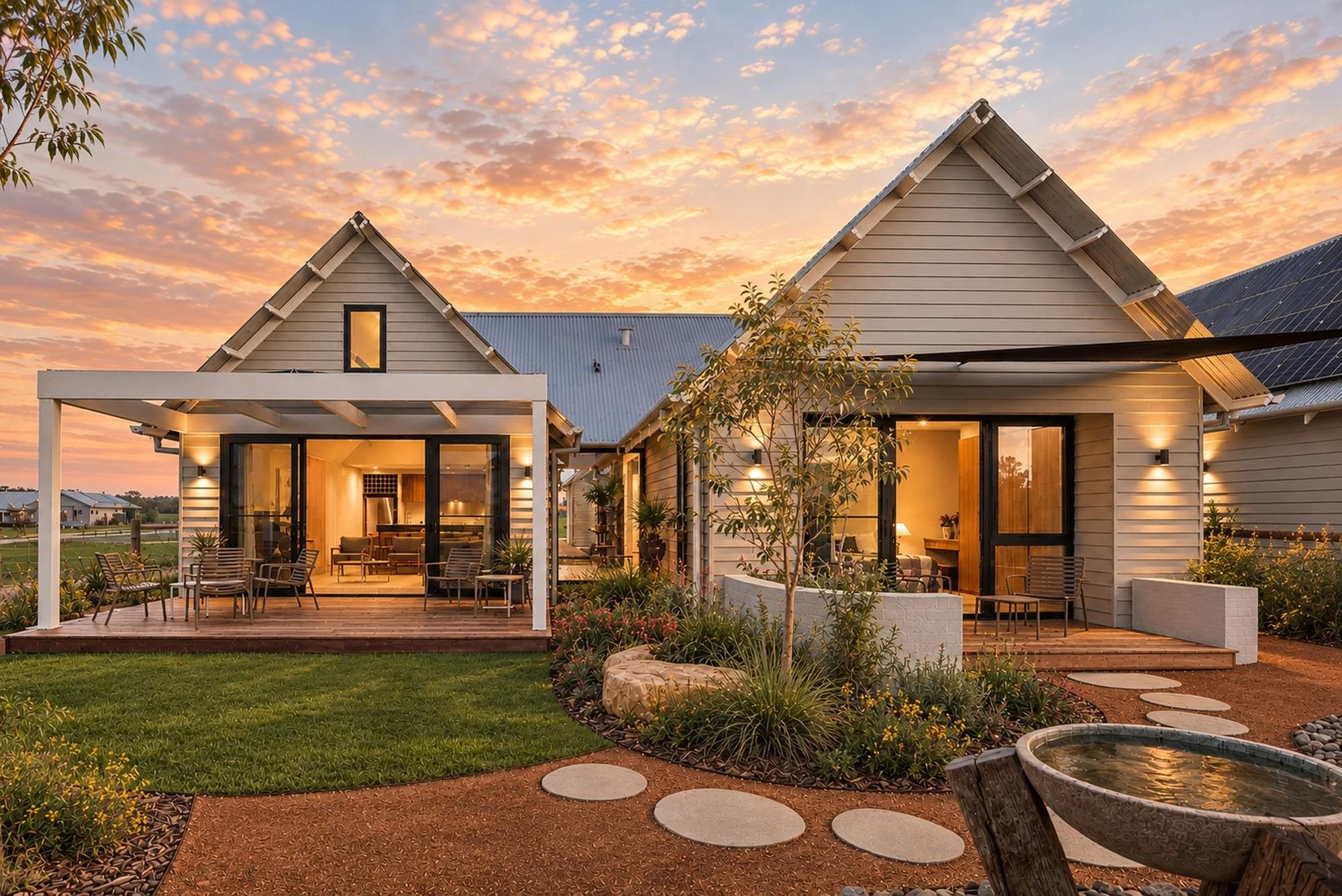 A modern farmhouse style home with steep gables and a vegetable garden with two children playing games