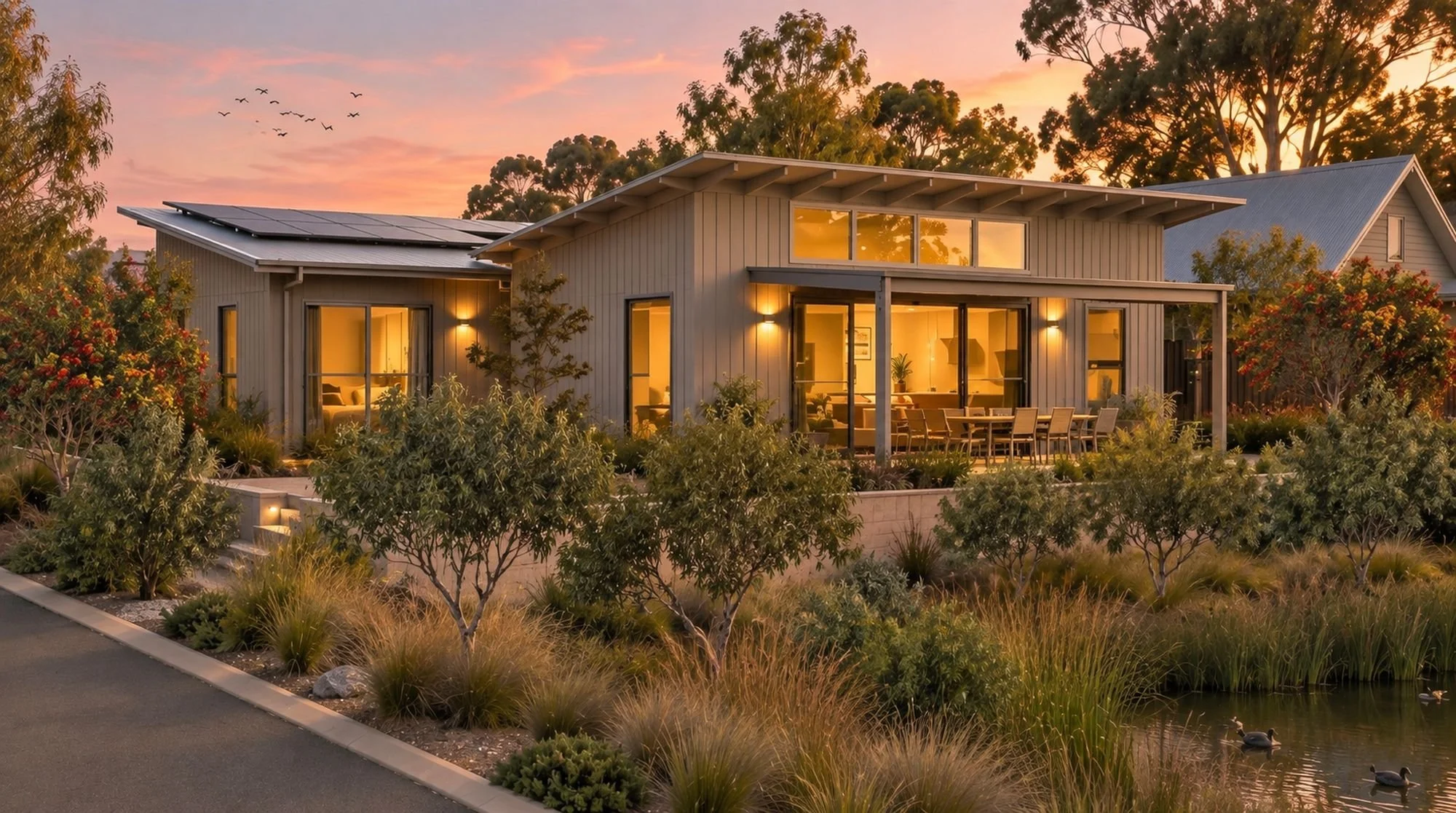 a skillion style eco home with covered deck set by a lake