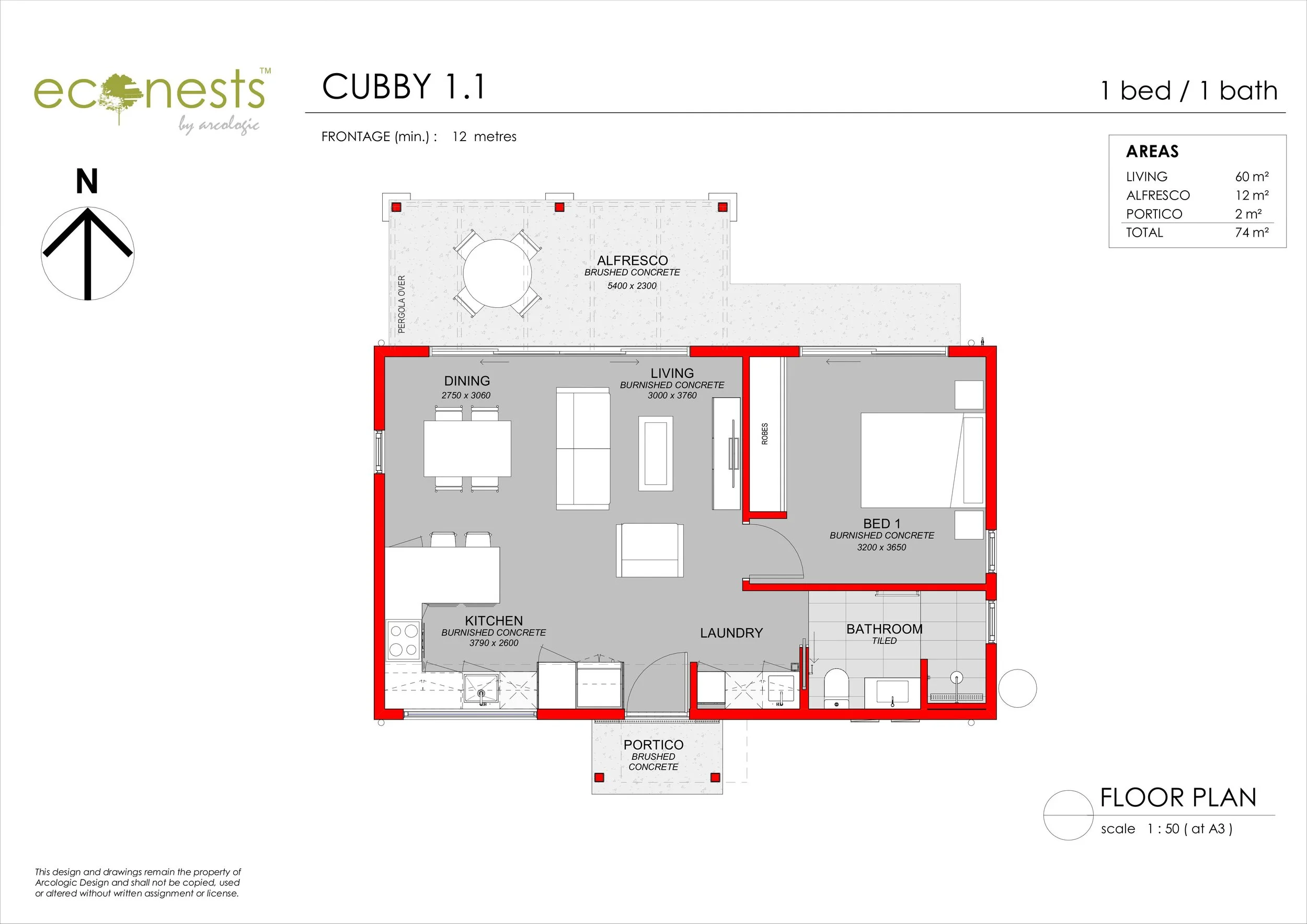 Floor plan of a small house with labeled rooms including kitchen, living room, bedroom, laundry, bathroom, and outdoor areas like alfresco, portico, and yard.