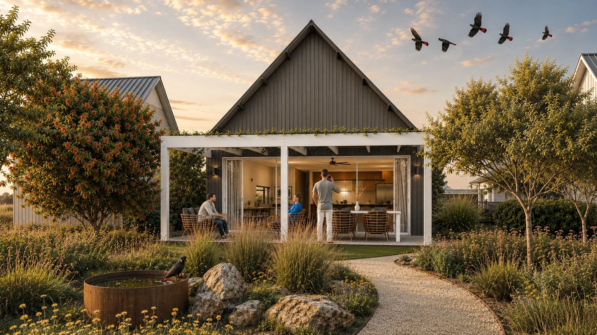 A small home with a steep gable and timber cladding with a natural garden in front