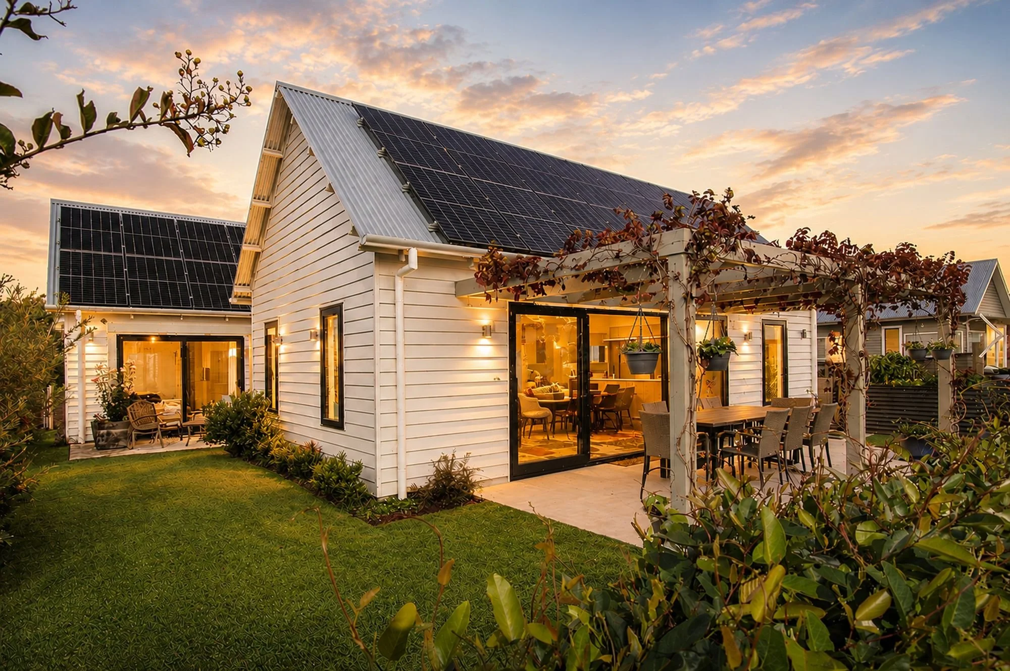 A cottage style sustainable home with solar panels, a vine covered pergola and an edible garden