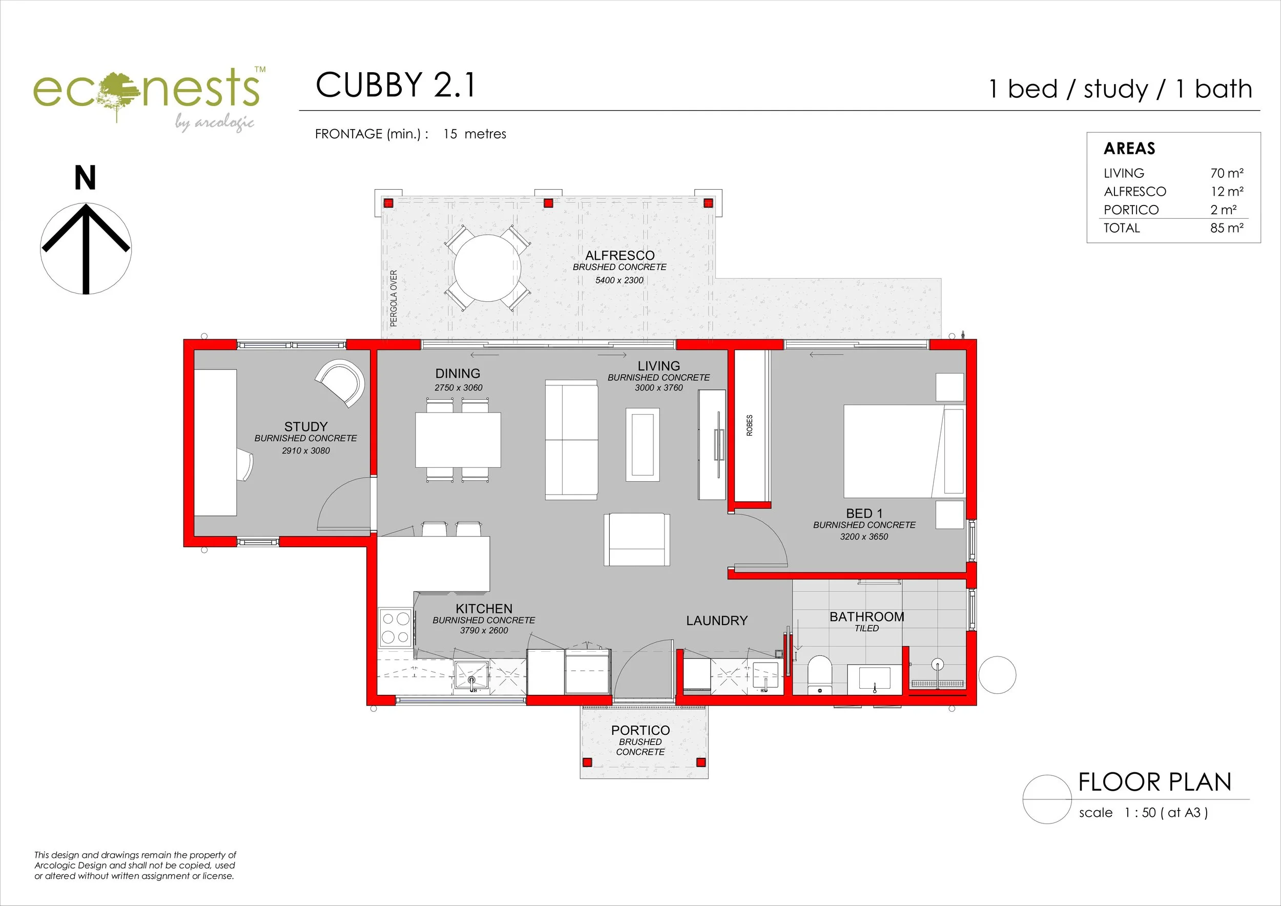 Floor plan of a small house labeled 'CUBBY 2.1,' indicating 1 bedroom, 1 study, and 1 bathroom with outdoor areas including a porch and alfresco patio. Rooms are outlined in red, with furniture and dimensions marked.