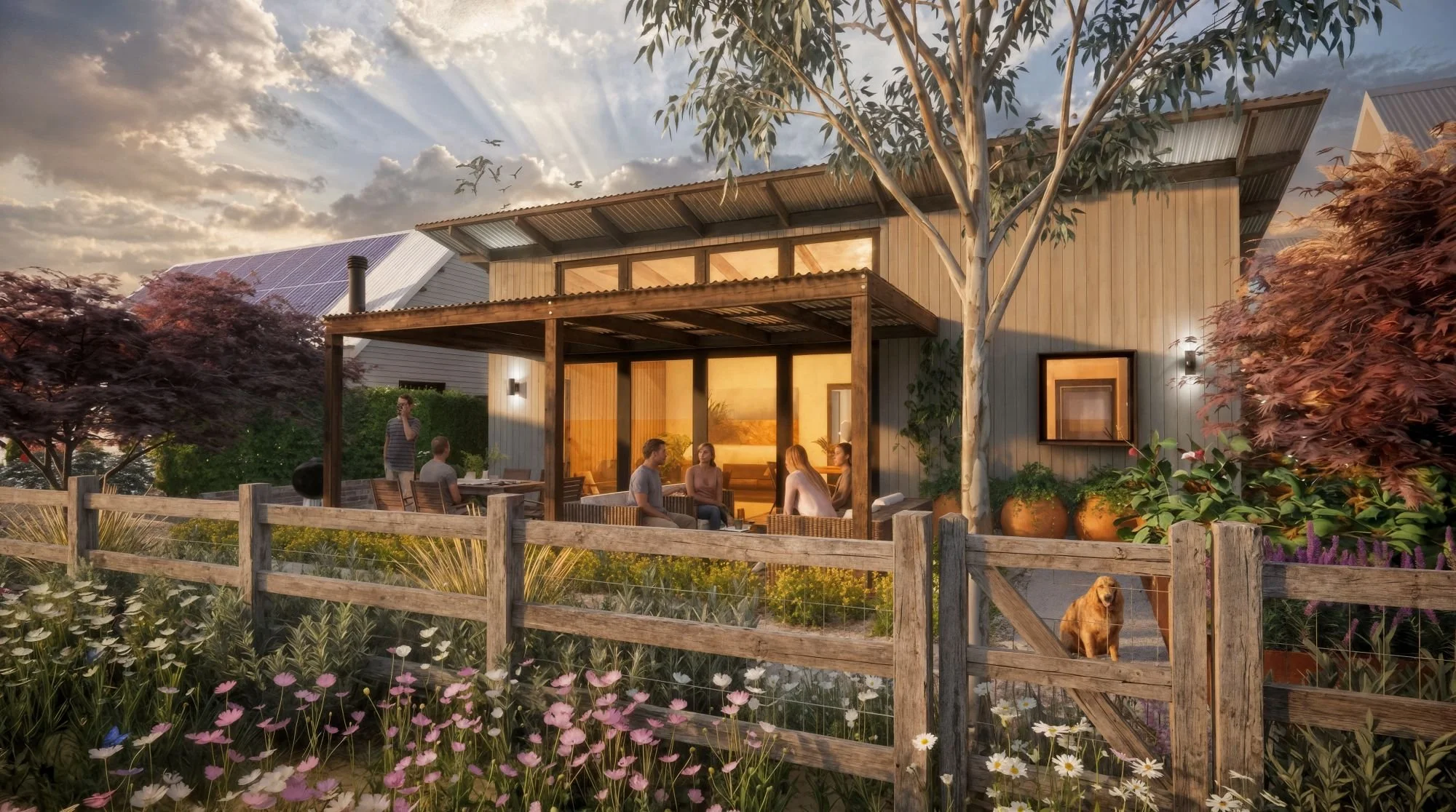 A modern two storey farmhouse with weatherboard cladding and timber decks