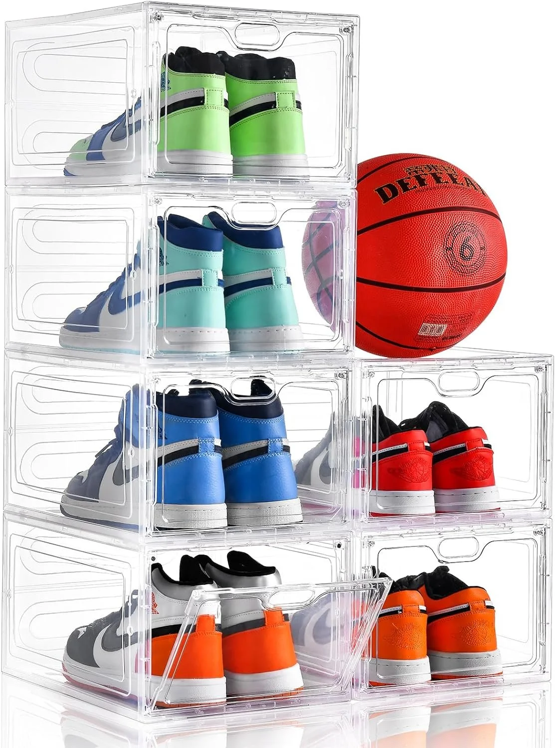 AMAZON 6 Pack Shoe Storage Box Clear Plastic Stackable, Shoe Box with Magnetic Door, Shoe Organizer