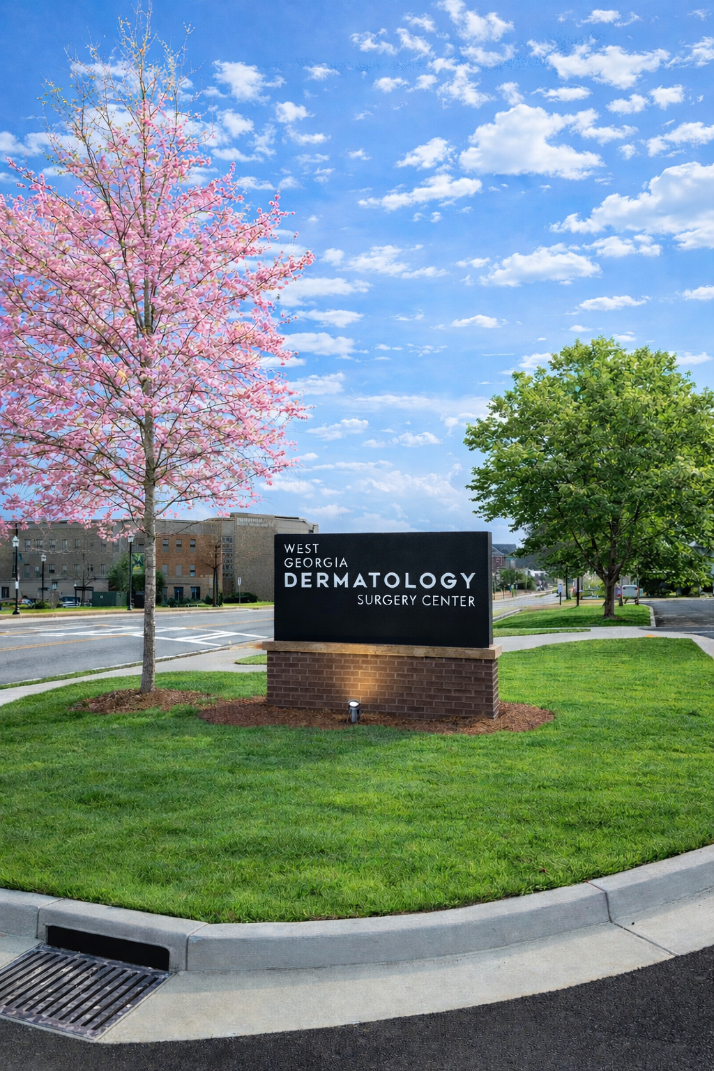Sign for West Georgia Dermatology Surgery Center with pink flowering tree and green leafy tree in front, beside a sidewalk and road under a blue sky with scattered clouds.