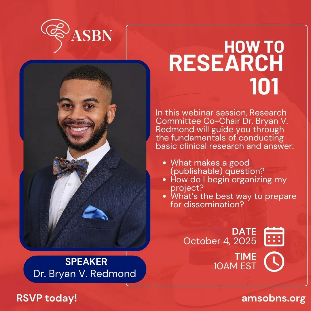 Curious about how to turn your clinical ideas into publishable projects? Join us for an engaging webinar with Dr. Bryan V. Redmond, Co-Chair of ASBN&rsquo;s Research Committee, as he breaks down the essentials:

🔹 What makes a good (publishable) que