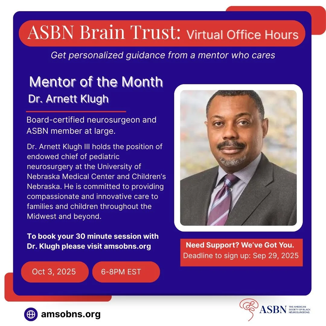 We&rsquo;re thrilled to announce that Dr. Arnett Klugh III will serve as our October Mentor of the Month through the ASBN Brain Trust program!

This initiative connects students with ASBN neurosurgeons for a 30-minute, one-on-one Zoom session to ask 