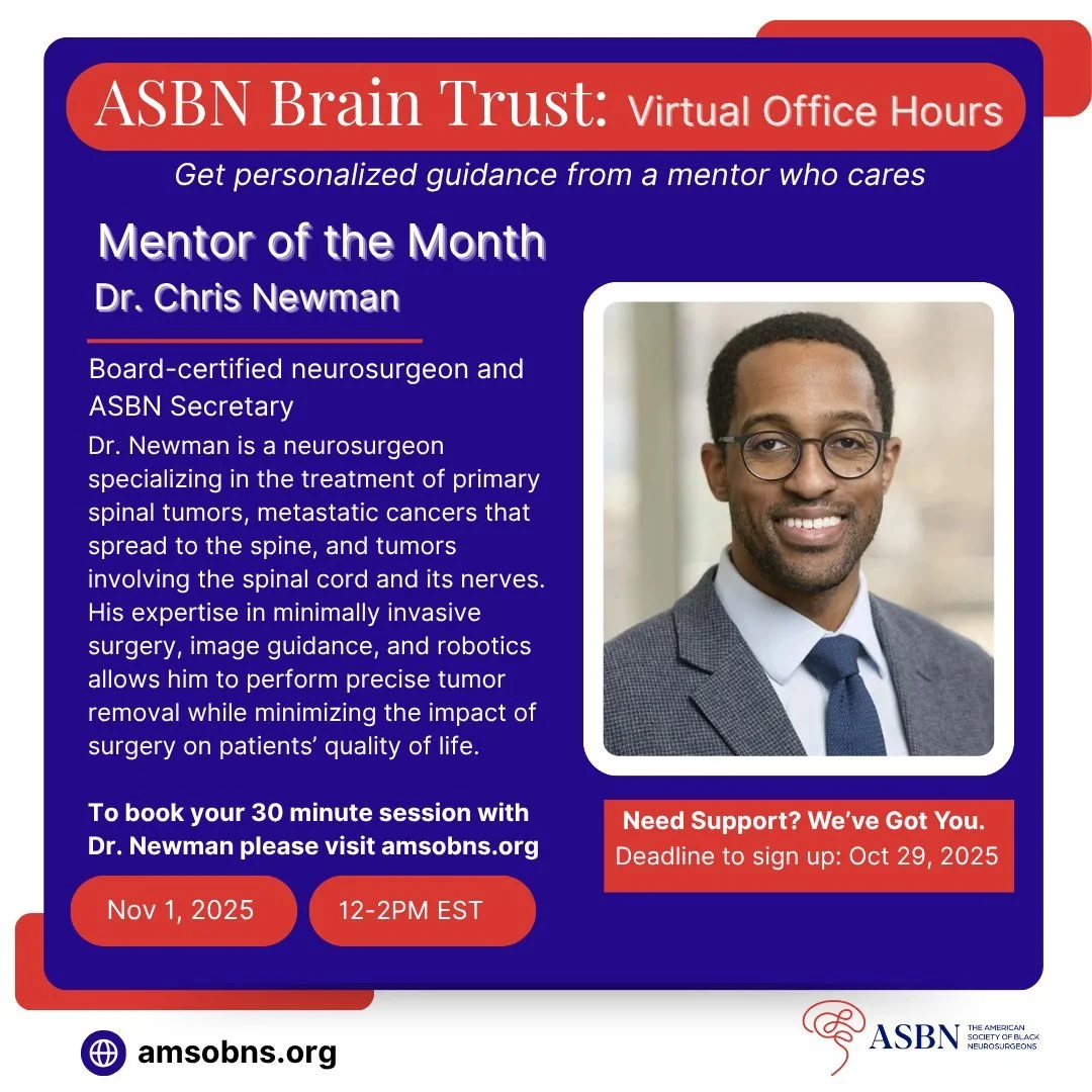 Mentor of the Month: Dr. Chris Newman! 🌟 ASBN proudly celebrates Dr. Newman, a neurosurgeon specializing in spinal oncology and advanced pain management, as our Mentor of the Month. His expertise in minimally invasive and robotic-assisted spine surg