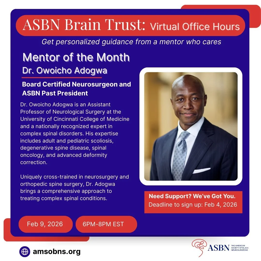🧠 Brain Trust Mentor of the Month: Dr. Owoicho Adogwa! Join us on February 9 | 6&ndash;8 PM for an exclusive Brain Trust session featuring Dr. Owoicho Adogwa, Assistant Professor of Neurological Surgery at the University of Cincinnati College of Med