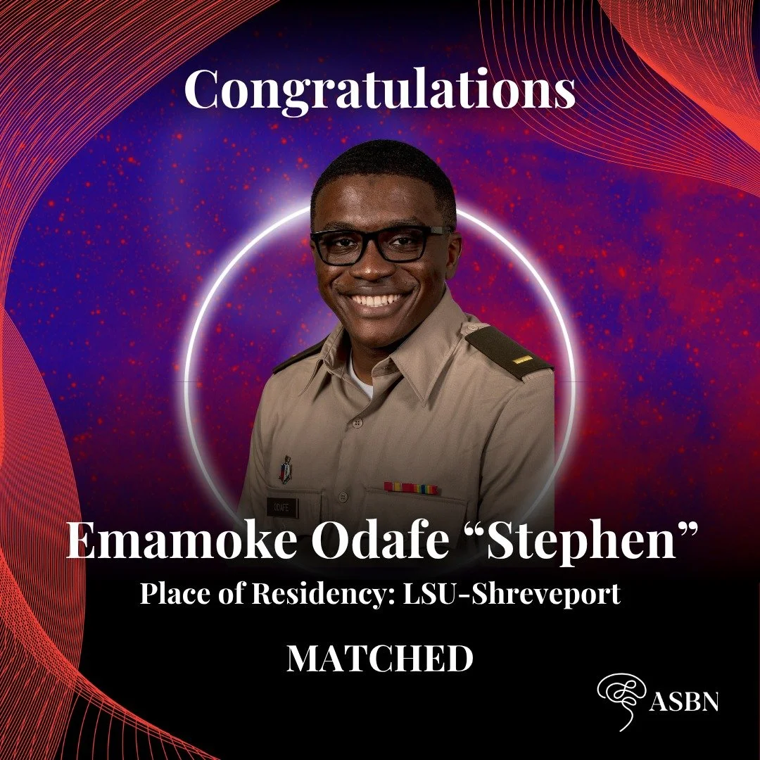 ASBN is proud to celebrate every single one of our matched students. 🎉
Congratulations to Emamoke Odafe "Stephen" on matching into Neurological Surgery at LSU Health Shreveport!
 
Emamoke &mdash; who also  goes by Stephen &mdash; is a Unif