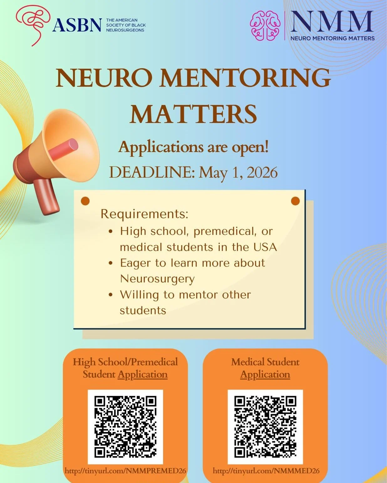 ATTENTION!! We are accepting applications for the next cycle of NeuroMentoring Matters, ASBN&rsquo;s flagship longitudinal mentorship program.

📅 Application Deadline: May 1, 2026

Who should apply:
High school, premedical, and medical students in t