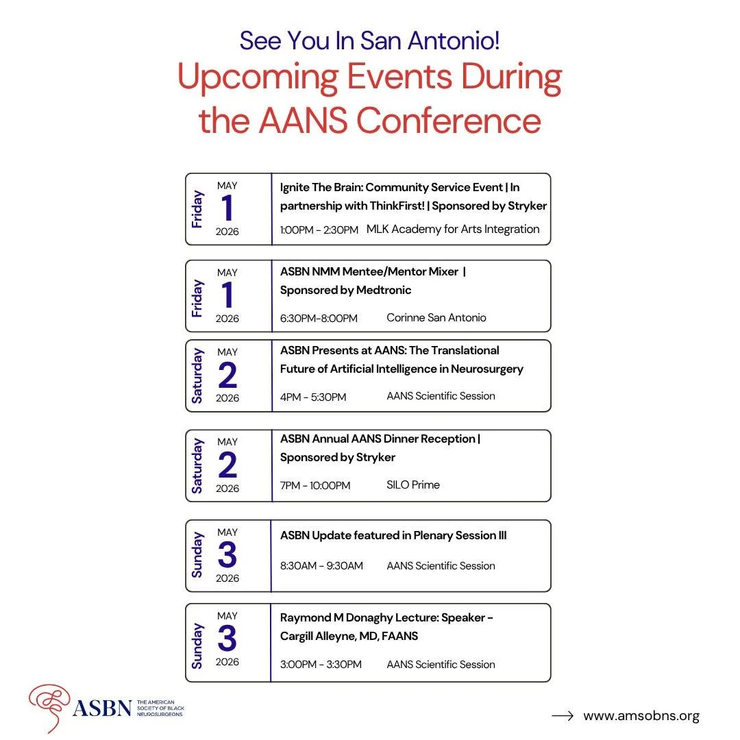 Where will you be this weekend? We hope at one of our events! If you have not RSVP'd for the ASBN events taking place during the AANS conference, you're missing out. These are the rooms you want to be in if you are looking to expand your network. 

C