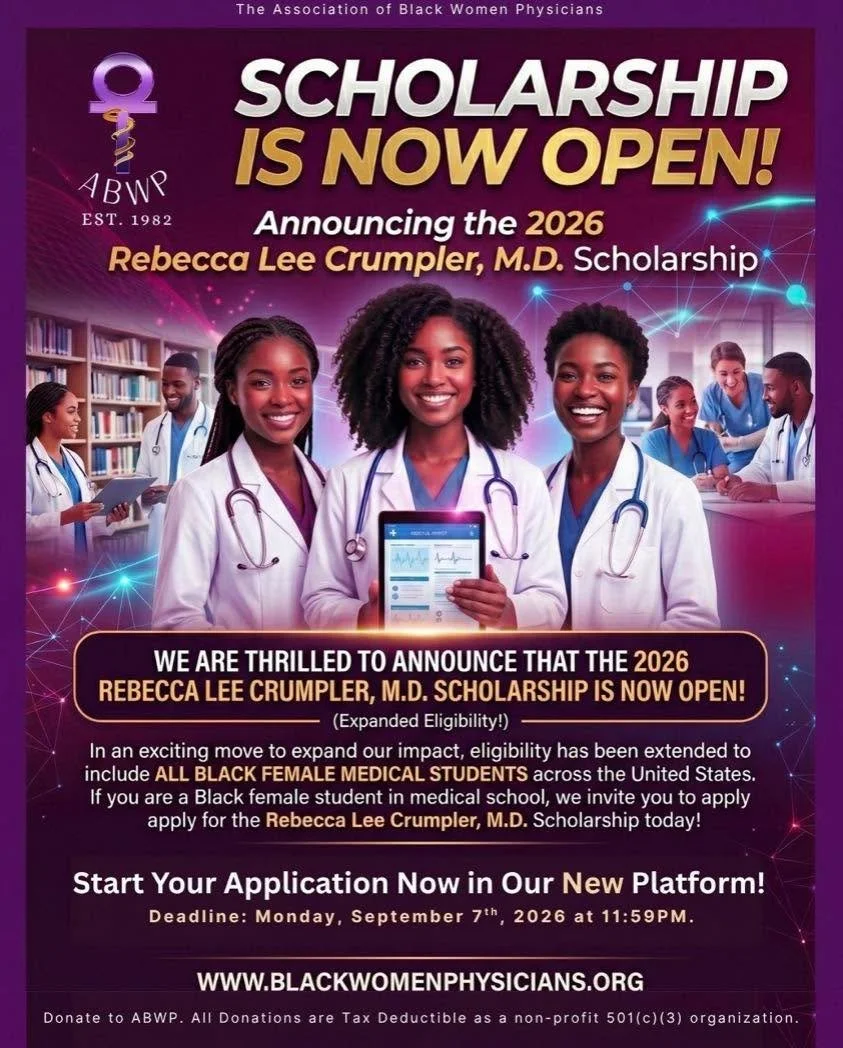 🚨Scholarship Announcement: The Rebecca Lee Crumperler, M.D., Scholarship is now open and in a move to expand impact, they have extended eligibility for the 2026 Rebecca Lee Crumpler, M.D. Scholarship to include all Black female medical students acro