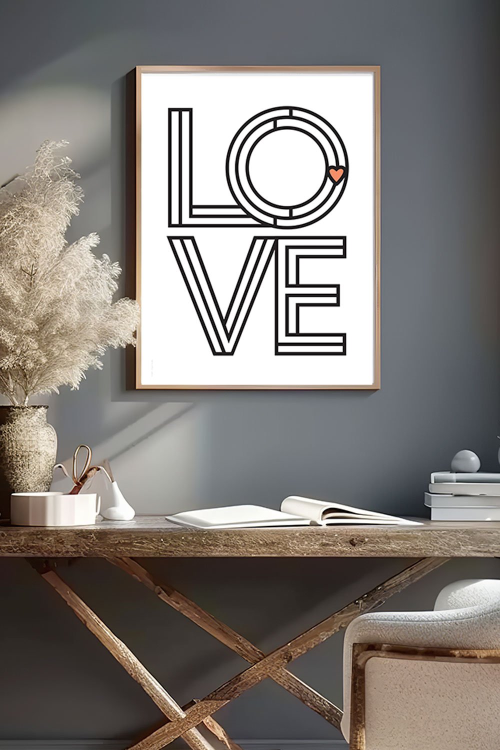 A clean and simple Mondrian insprired art print depicting the word “LOVE”. Classic black and white colors scheme with a touch of soft red for the heart. Frame not included.