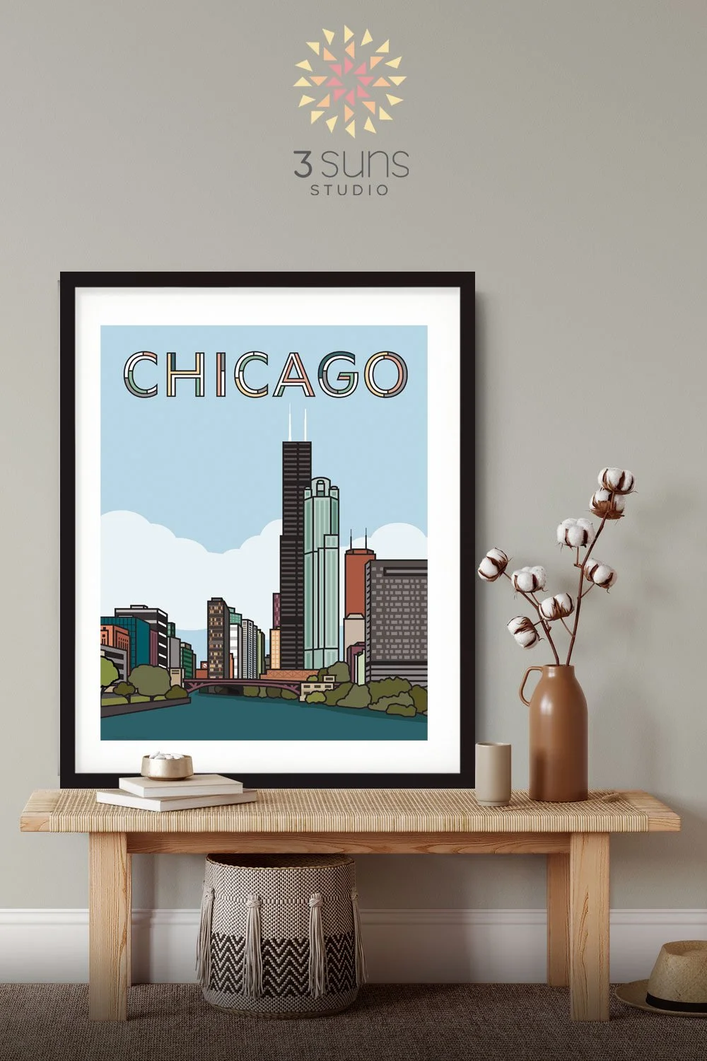 This Modern Chicago City Skyline Art Print captures the Willis Tower and surrounding buildings on the Chicago River in a playful, graphic style.