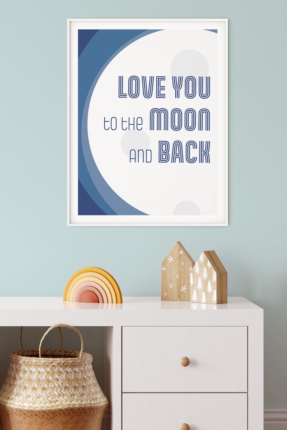A clean and modern art print depicting the sweet sentiment “Love you to the moon and back”. Bold and bright color scheme, perfect for kids room or playroom. Frame not included.