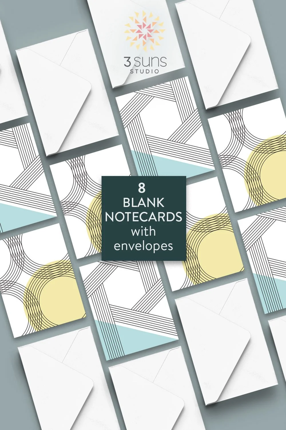 Set of 8 Linear Abstract blank notecards with envelopes. Two modern minimalist designs featuring black and white with pops of color.