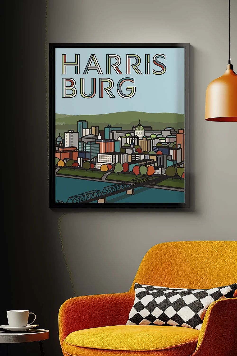 This Modern Harrisburg City Skyline Art Print captures the Capitol dome and surrounding buildings in a playful, graphic style.