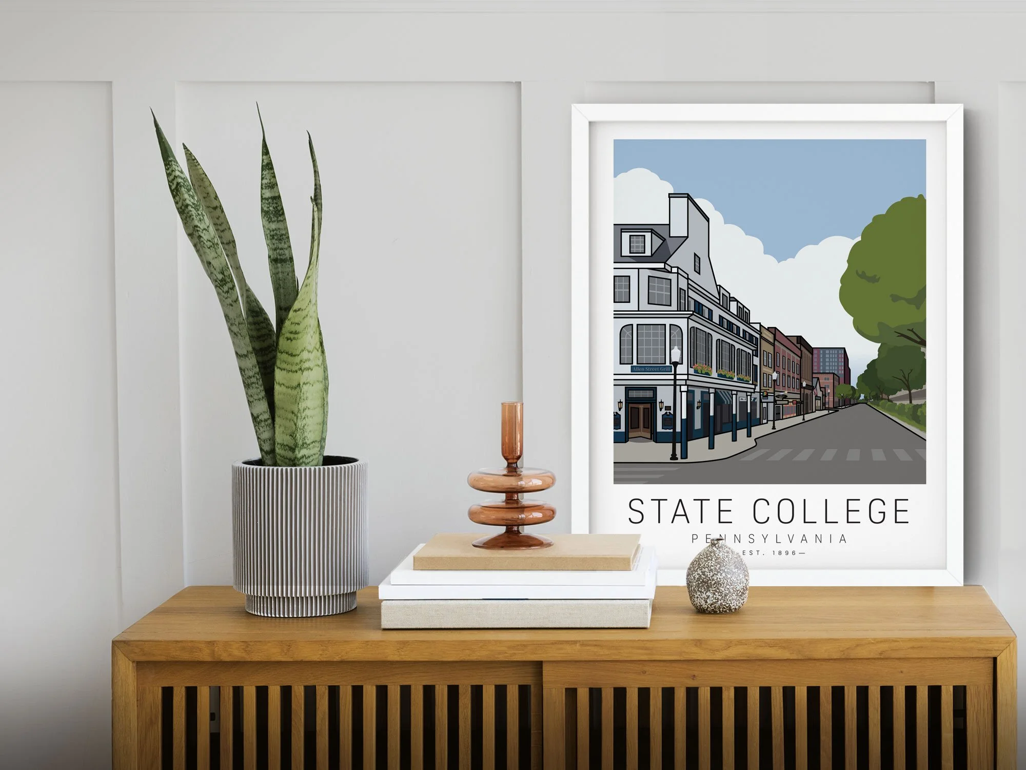 Clean and Modern Art print depicting State College Pennsylvania just outside the Penn State campus.
