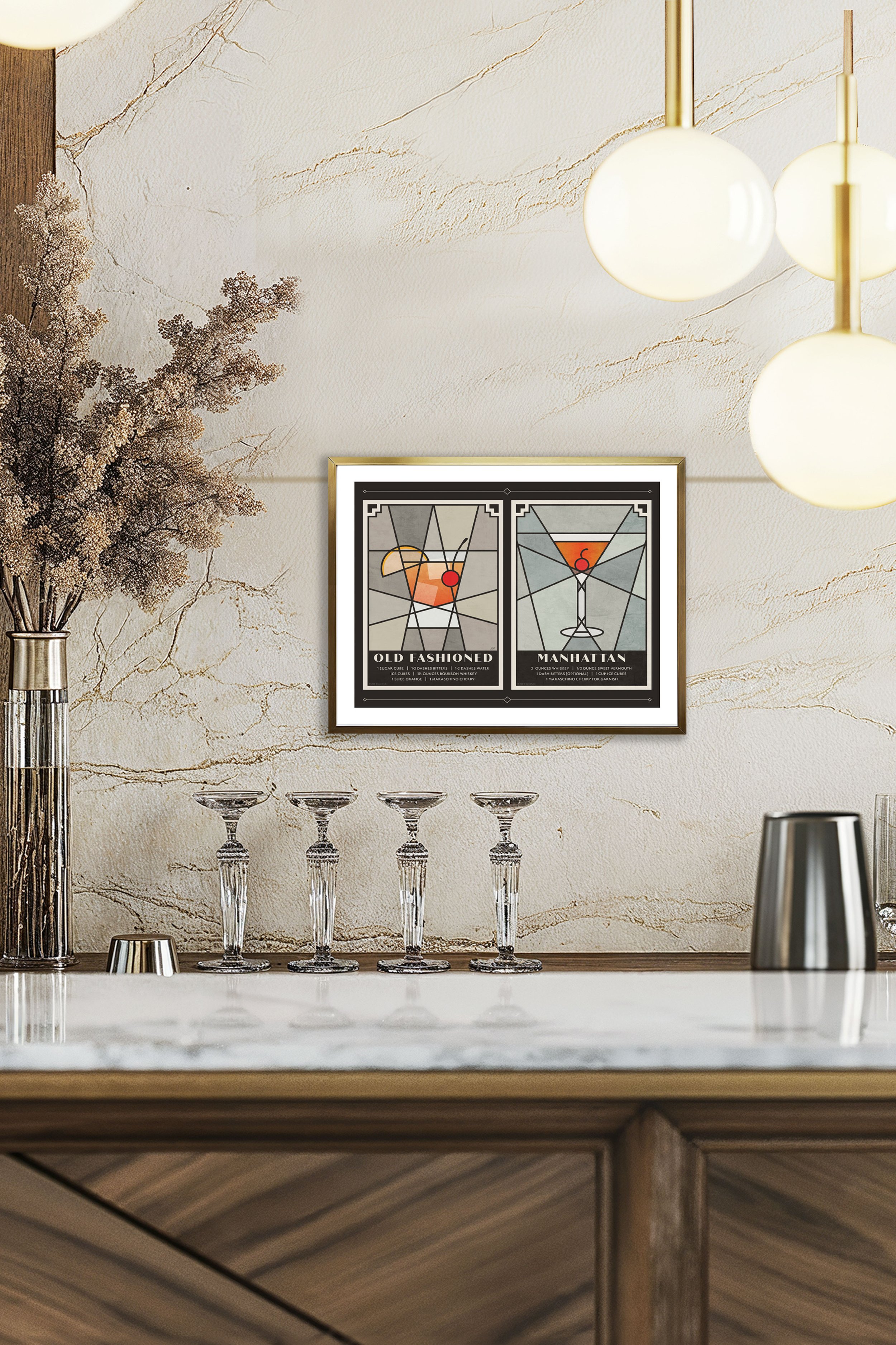 Art Deco inspired 10 x 8 inch Cocktail Print depicting Old Fashioned and Manhattan Cocktails.