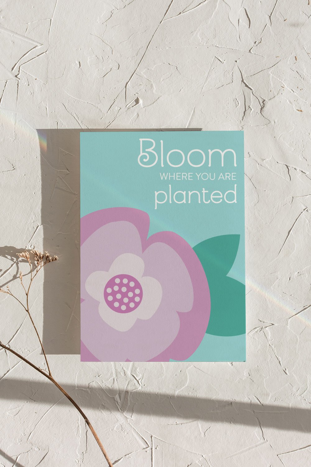 A clean and modern art print depicting the sweet sentiment “Bloom where you are planted”. Bold and bright color scheme, perfect for kids room or playroom. Frame not included.