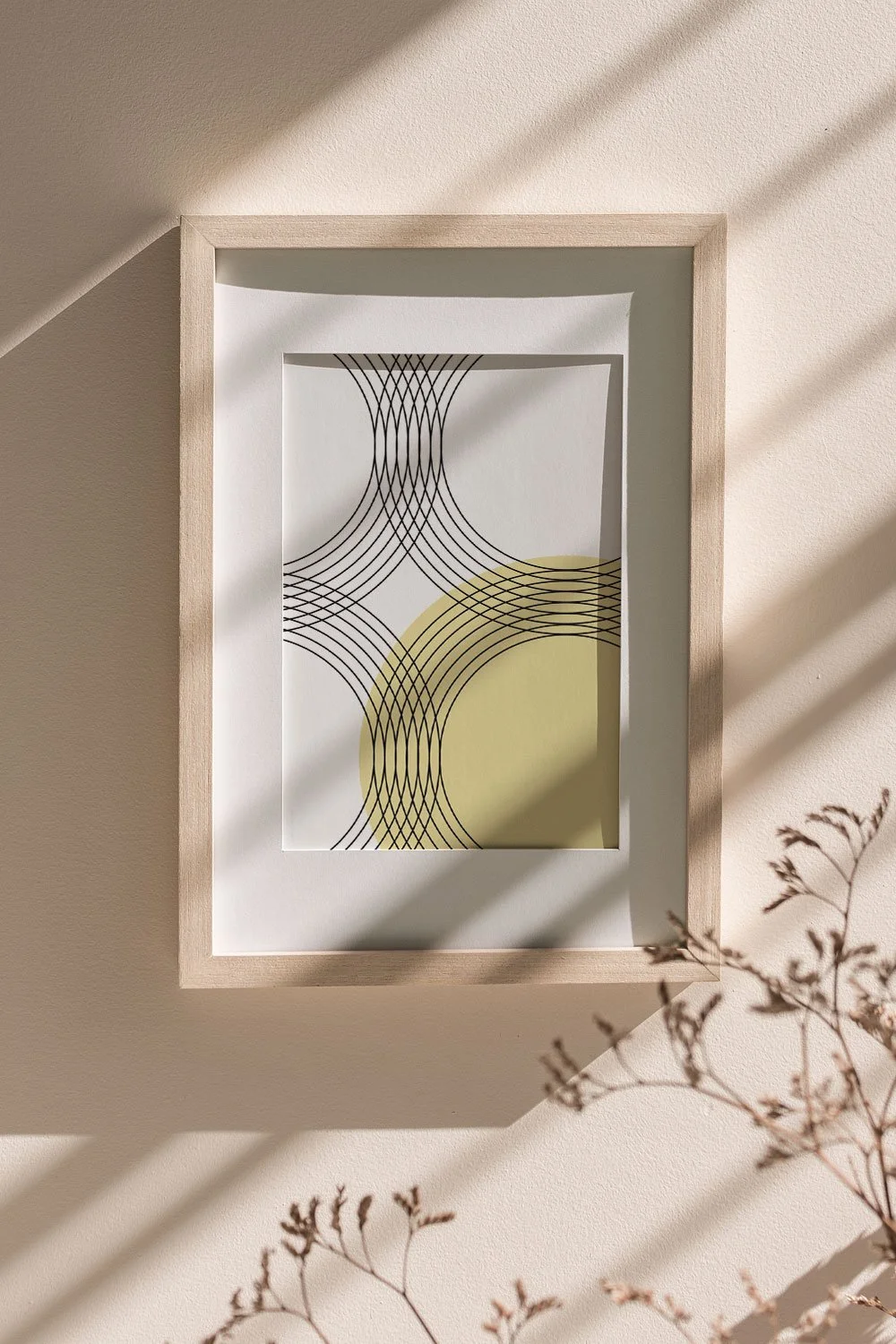 A linear abstract art print by 3 Suns Studio featuring interlocking pattern black parallel lines with a pop of color anchoring the corner.
