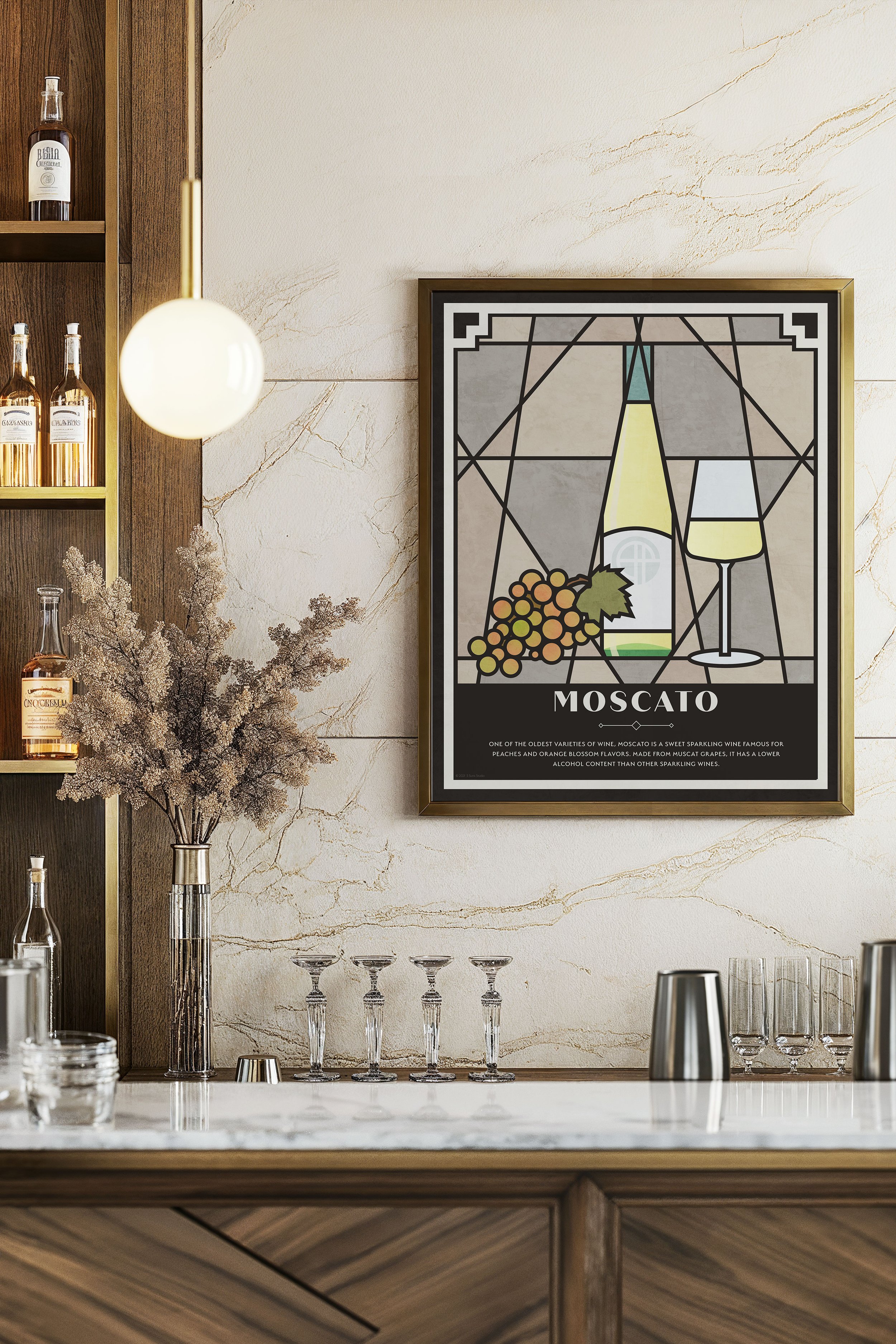 Moscato Wine Print with simple clean lines that are inspired by Art Deco design.