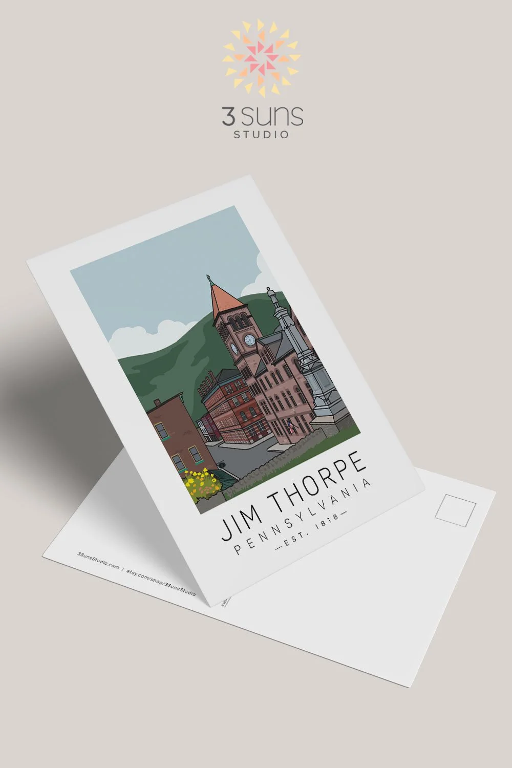 Clean and Modern Postcard depicting Jim Thorpe, Pennsylvania. View of clock tower in Hazard Square from Packer Hill ave. (Copy)