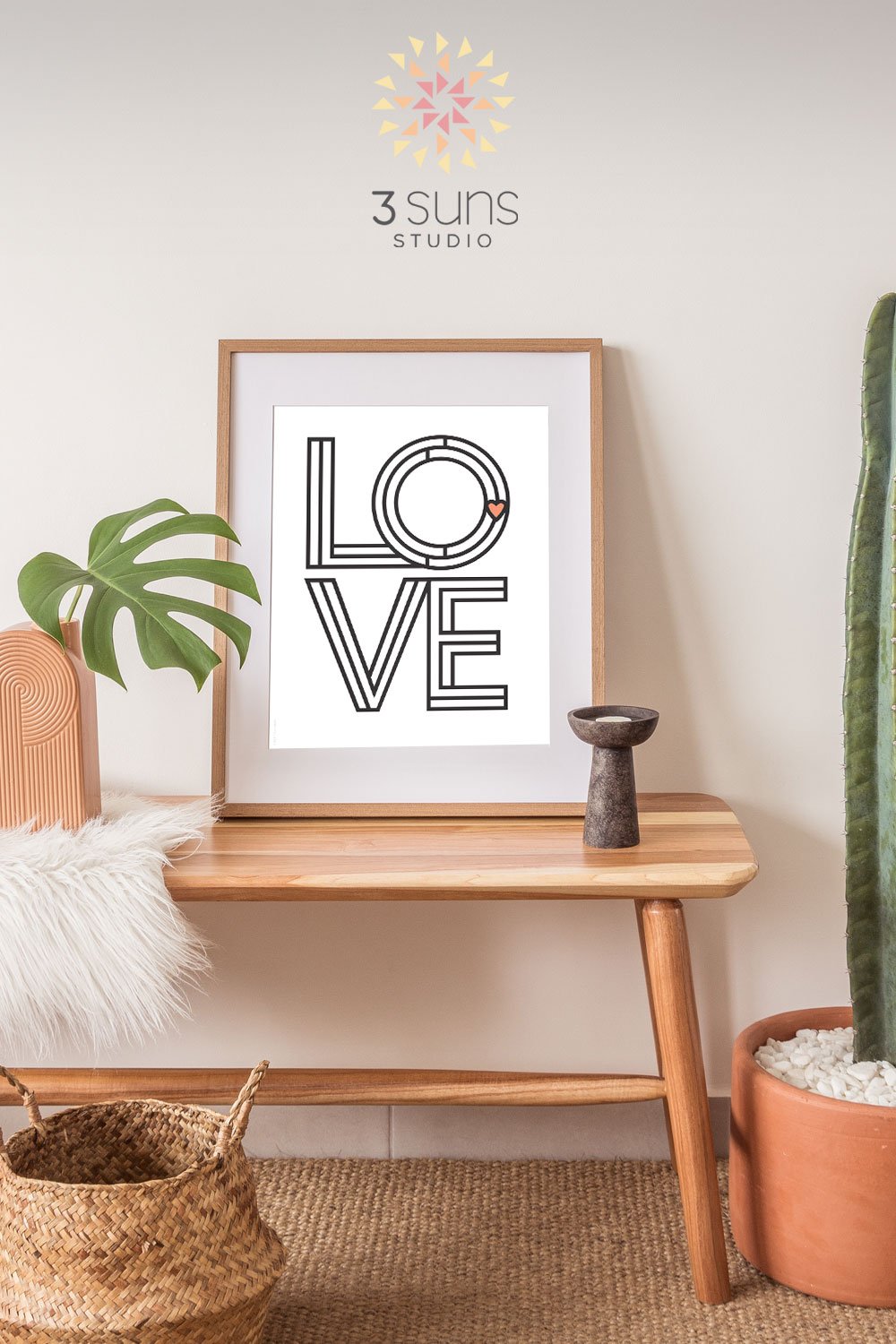 A clean and simple Mondrian insprired art print depicting the word “LOVE”. Classic black and white colors scheme with a touch of soft red for the heart. Frame not included.
