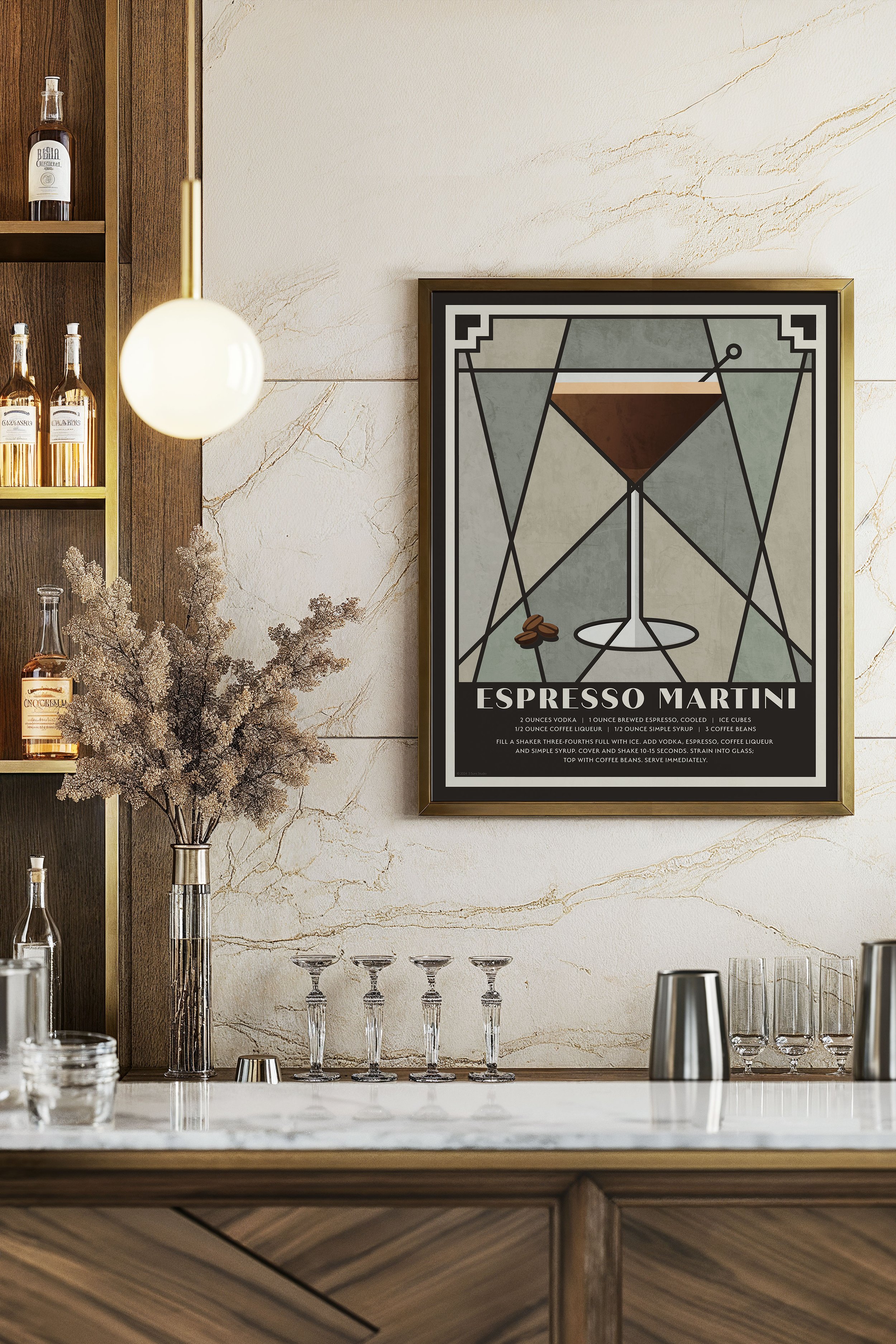 The Espresso Martini Cocktail Print with simple clean lines that are inspired by Art Deco design.