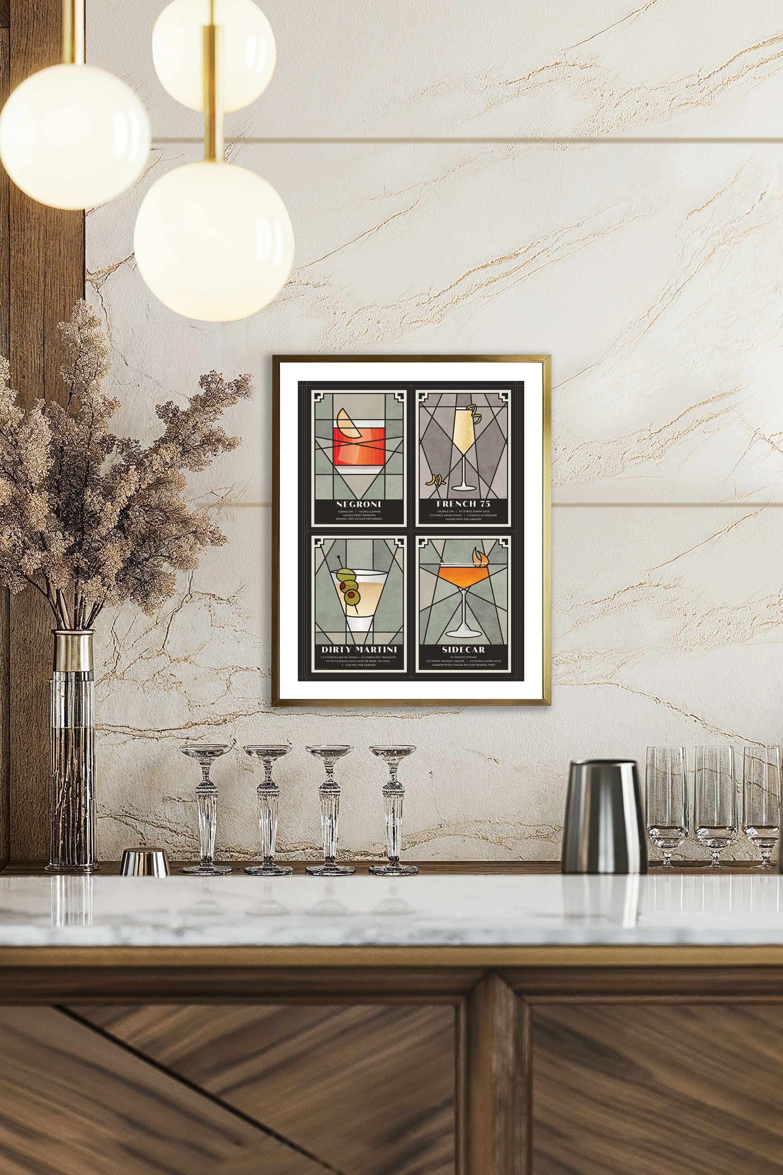 Art Deco inspired 11 x 14 inch Cocktail Print depicting Negroni, French 75, Dirty Martini and Sidecar Cocktails.