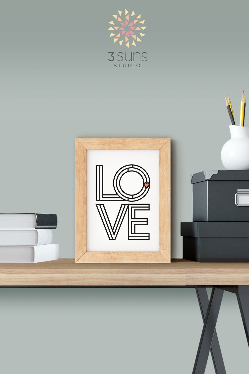 A clean and simple Mondrian insprired art print depicting the word “LOVE”. Classic black and white colors scheme with a touch of soft red for the heart. Frame not included.
