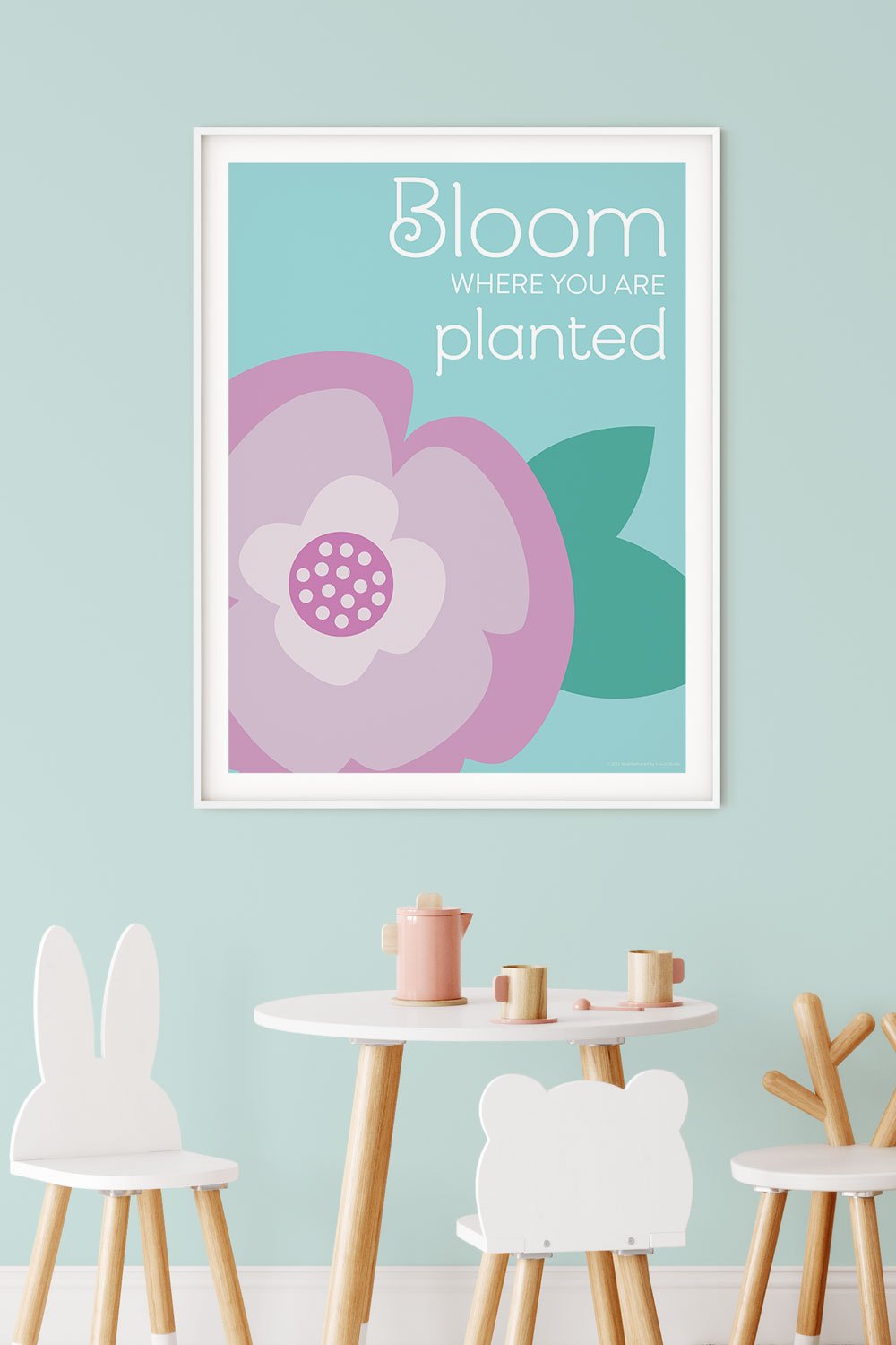 A clean and modern art print depicting the sweet sentiment “Bloom where you are planted”. Bold and bright color scheme, perfect for kids room or playroom. Frame not included.