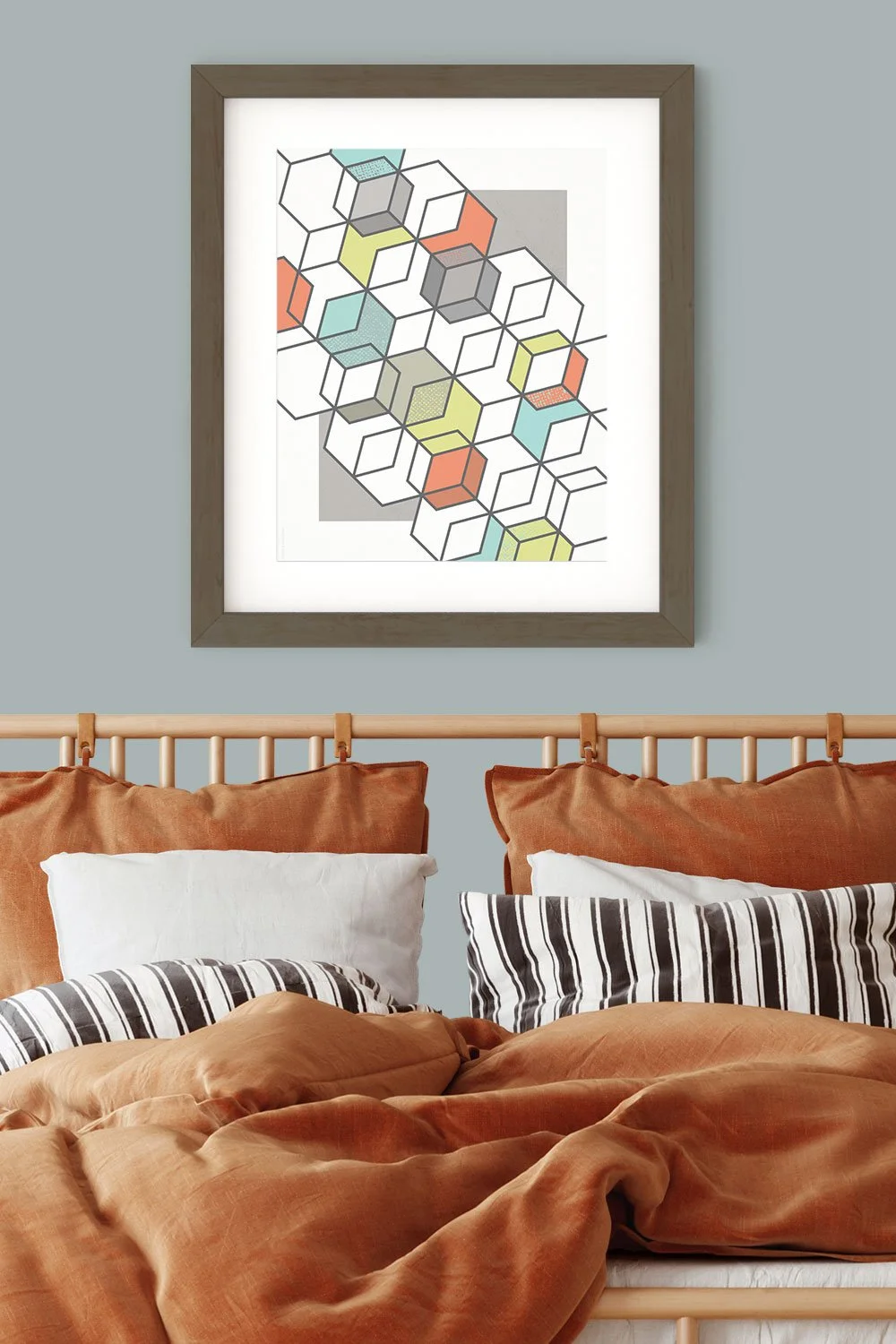 A geometric cube print print by 3 Suns Studio featuring a tessellation of outlined hexagon cubes filled with soft, mid-century-inspired hues.