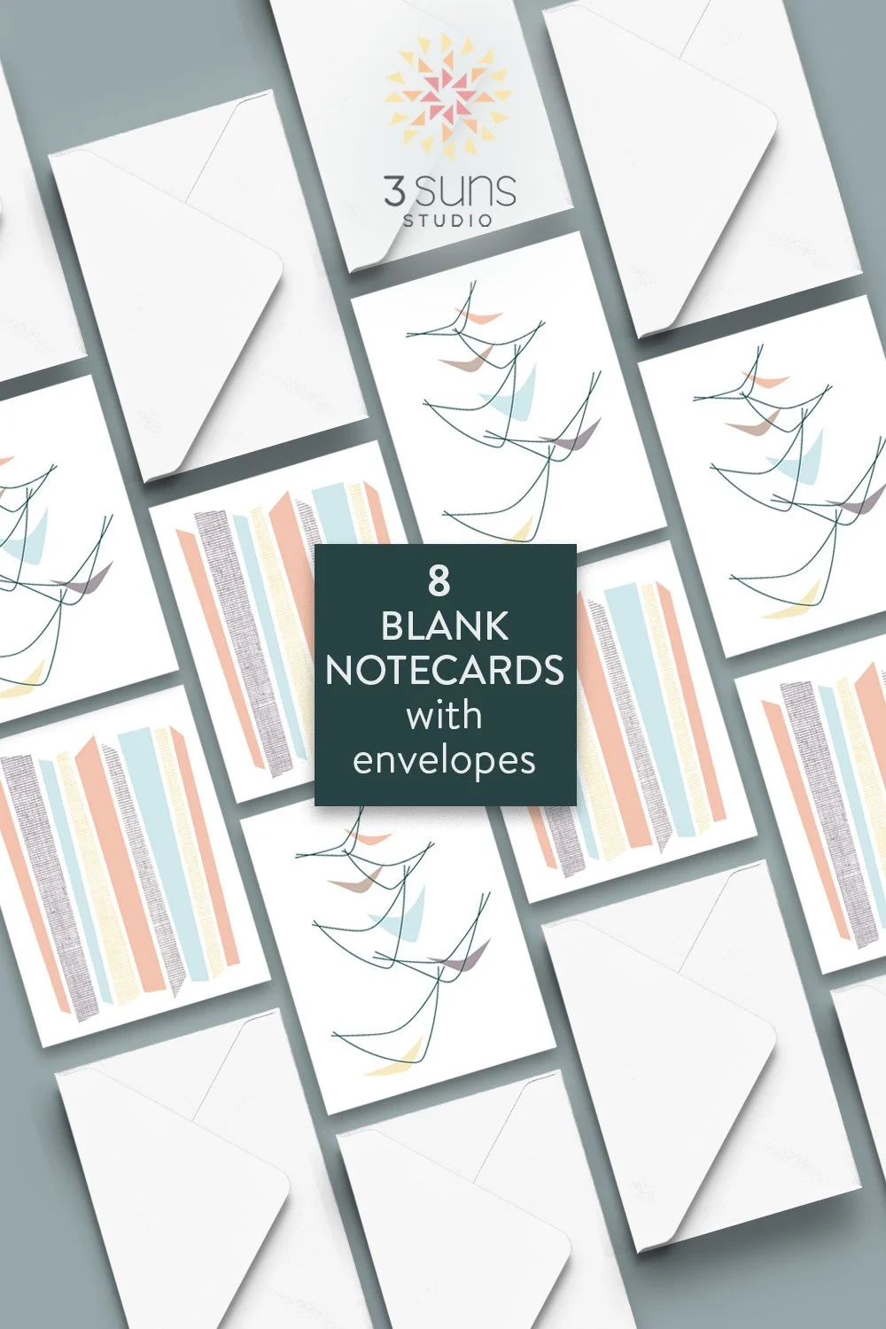 Set of 8 Mid-Century Modern blank notecards with envelopes. Two Mid-Century inspired designs featuring retro color palettes.