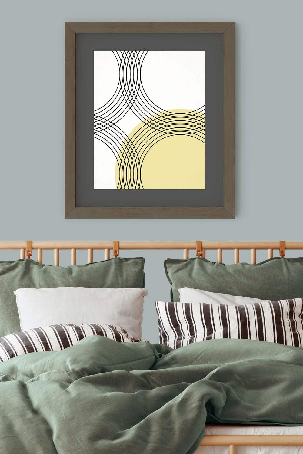 A linear abstract art print by 3 Suns Studio featuring interlocking pattern black parallel lines with a pop of color anchoring the corner.