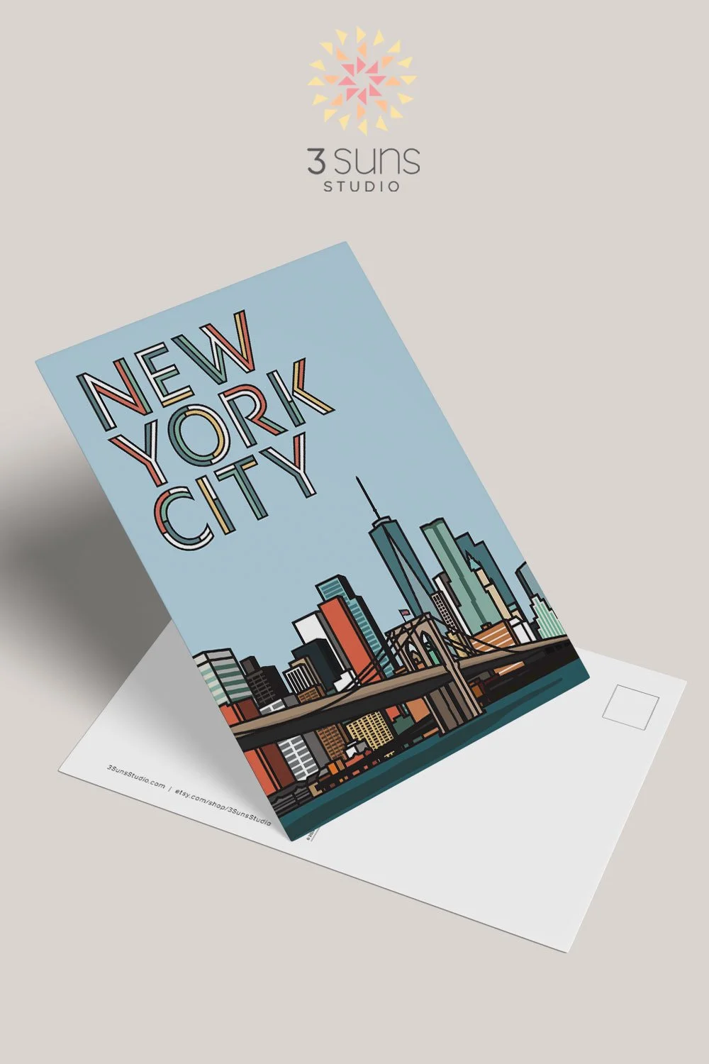 This Modern NYC City Skyline Postcard features a view of lower Manhattan from Brooklyn Bridge Park in a playful, graphic style. (Copy)