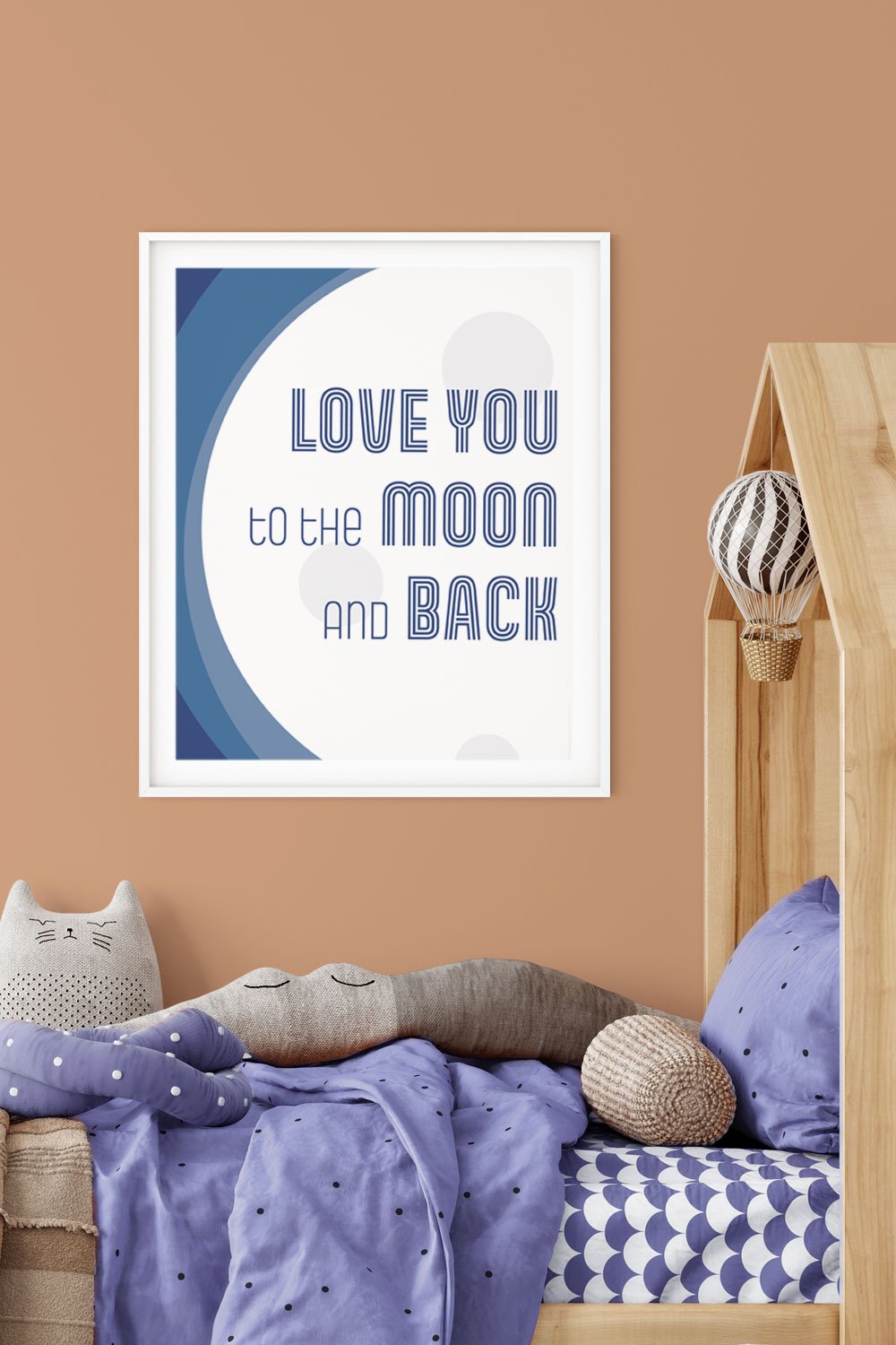 A clean and modern art print depicting the sweet sentiment “Love you to the moon and back”. Bold and bright color scheme, perfect for kids room or playroom. Frame not included.