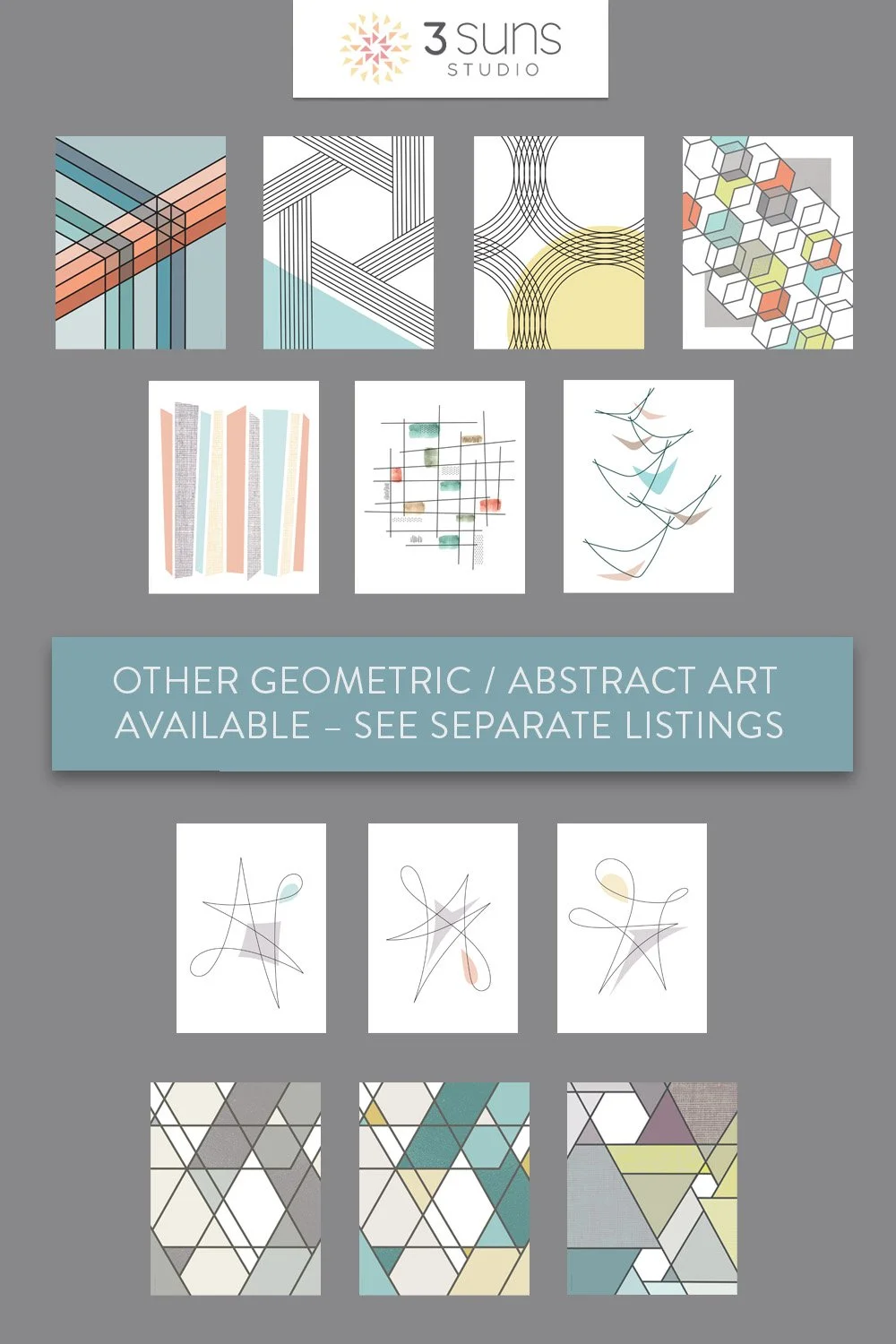 The image presents a cohesive collection of mid-century modern–inspired abstract and geometric artwork by 3 Suns Studio.